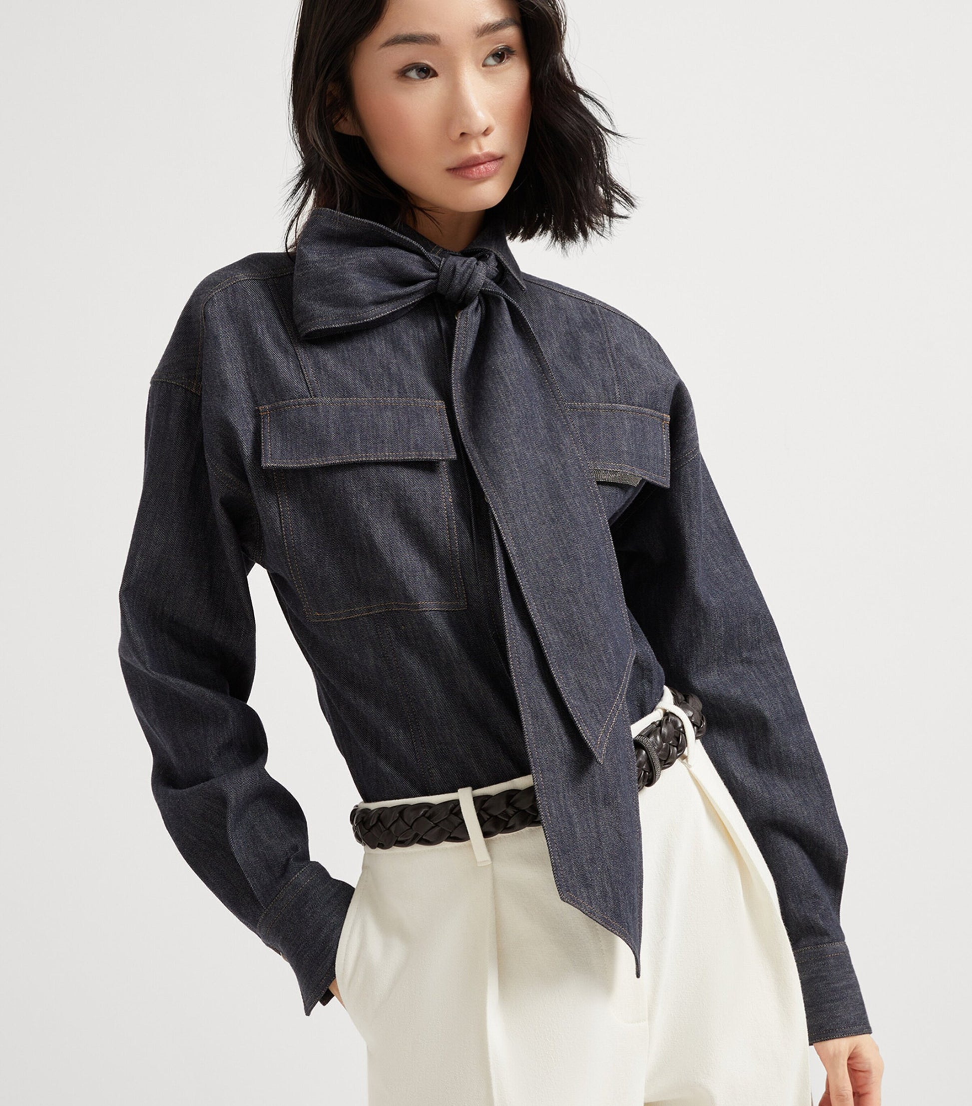 Brunello Cucinelli Blue Denim Pussybow Shirt