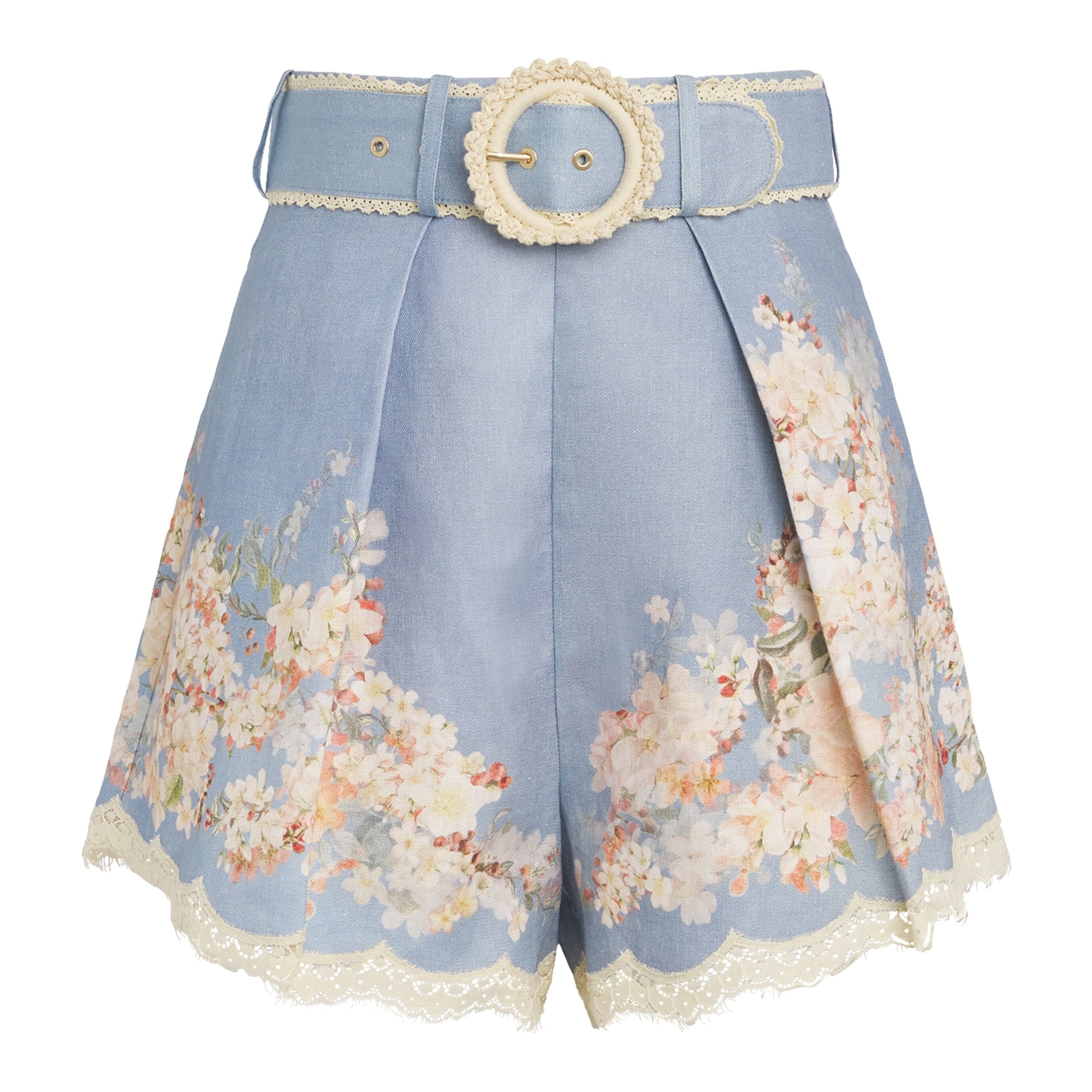 Zimmermann Blue Linen Floral Cascadian Tuck Shorts