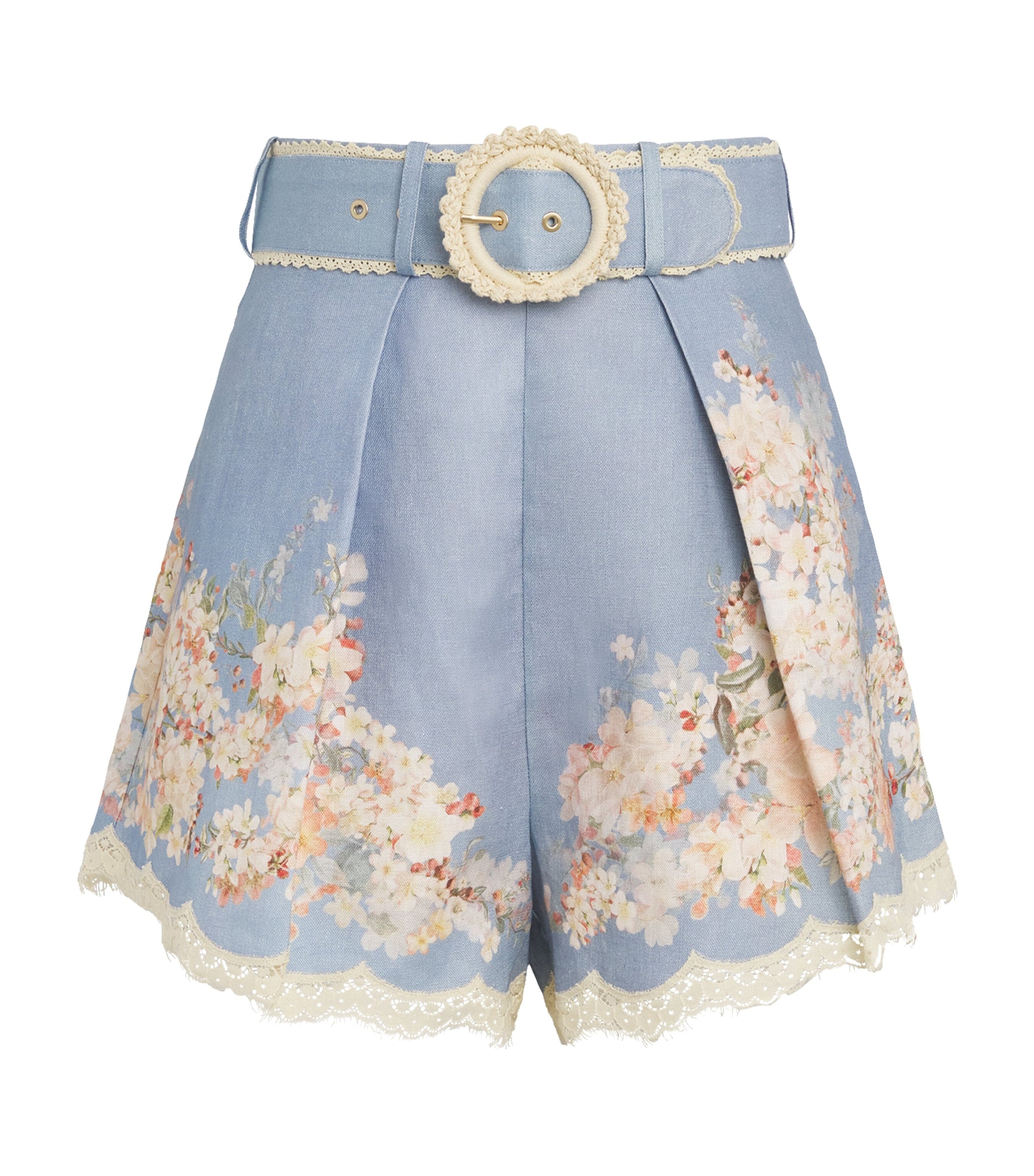 Zimmermann Blue Linen Floral Cascadian Tuck Shorts