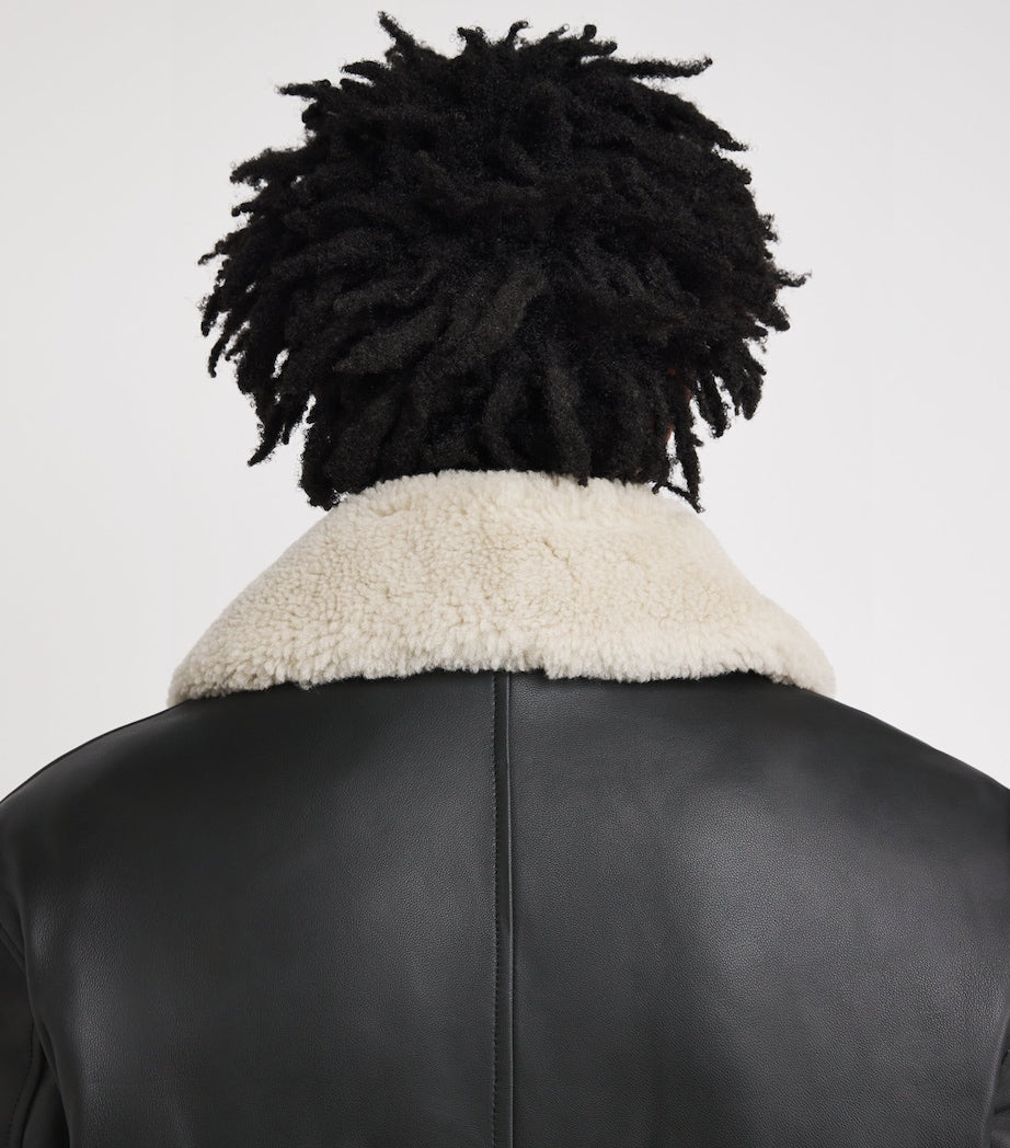 Moose Knuckles Black Shearling-Trim Leather Bomber Jacket