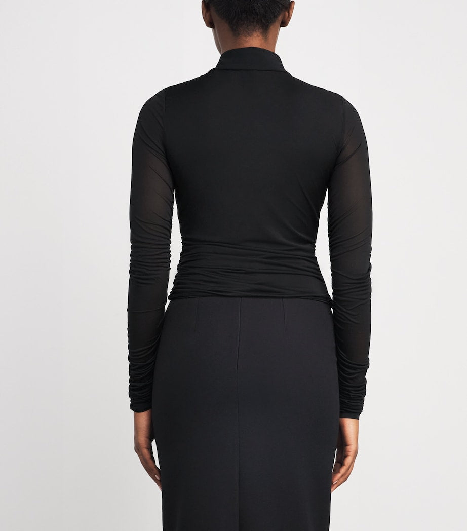 Black Tulle-Sleeve Draped Blouse