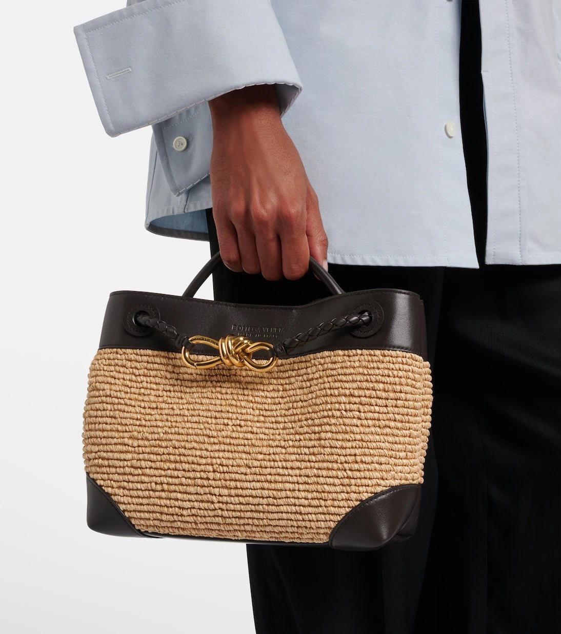 Bottega Veneta - Andiamo Small leather and raffia top-handle bag