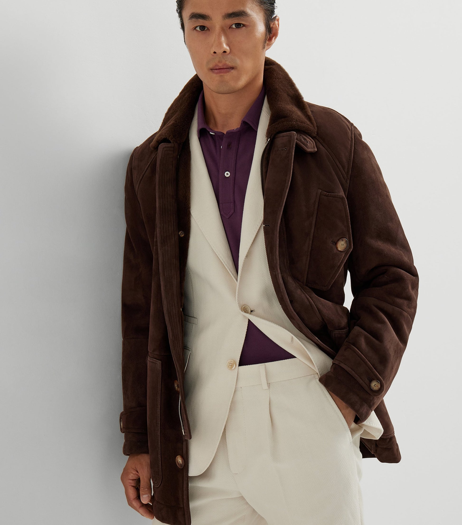 Brown Suede-Shearling Pea Coat