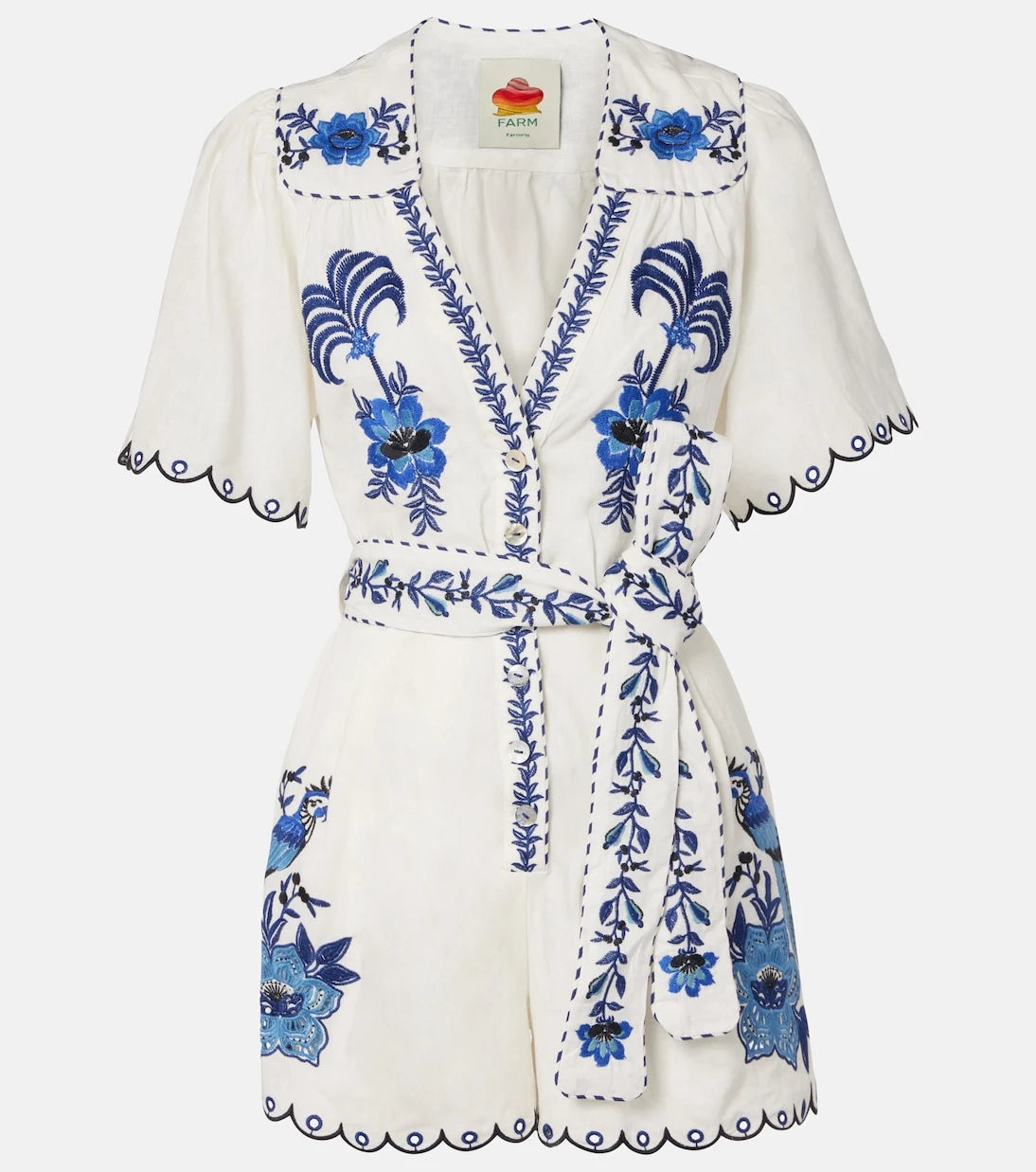 Farm Rio - Embroidered linen-blend romper