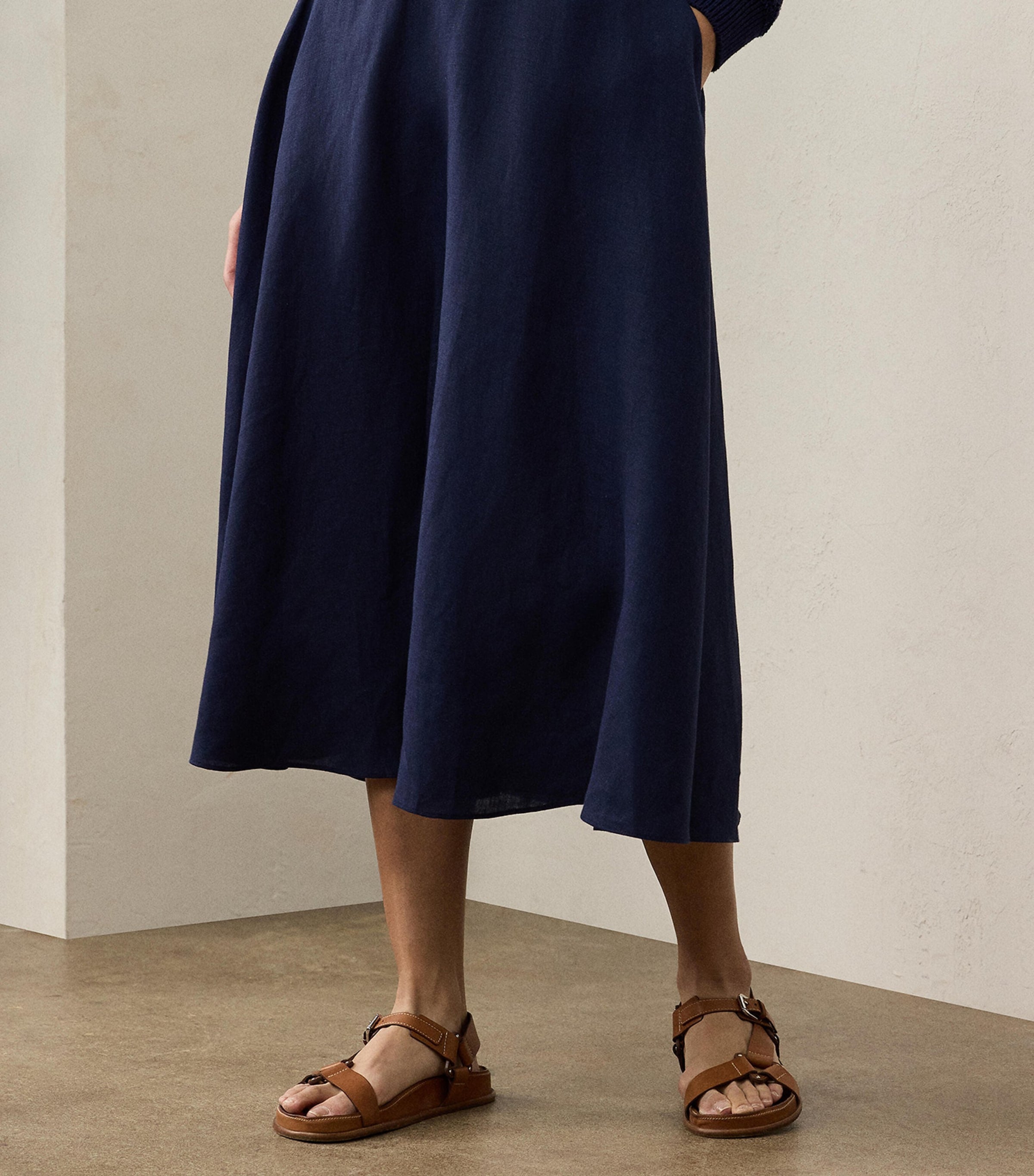 Navy Linen Erica Midi Skirt