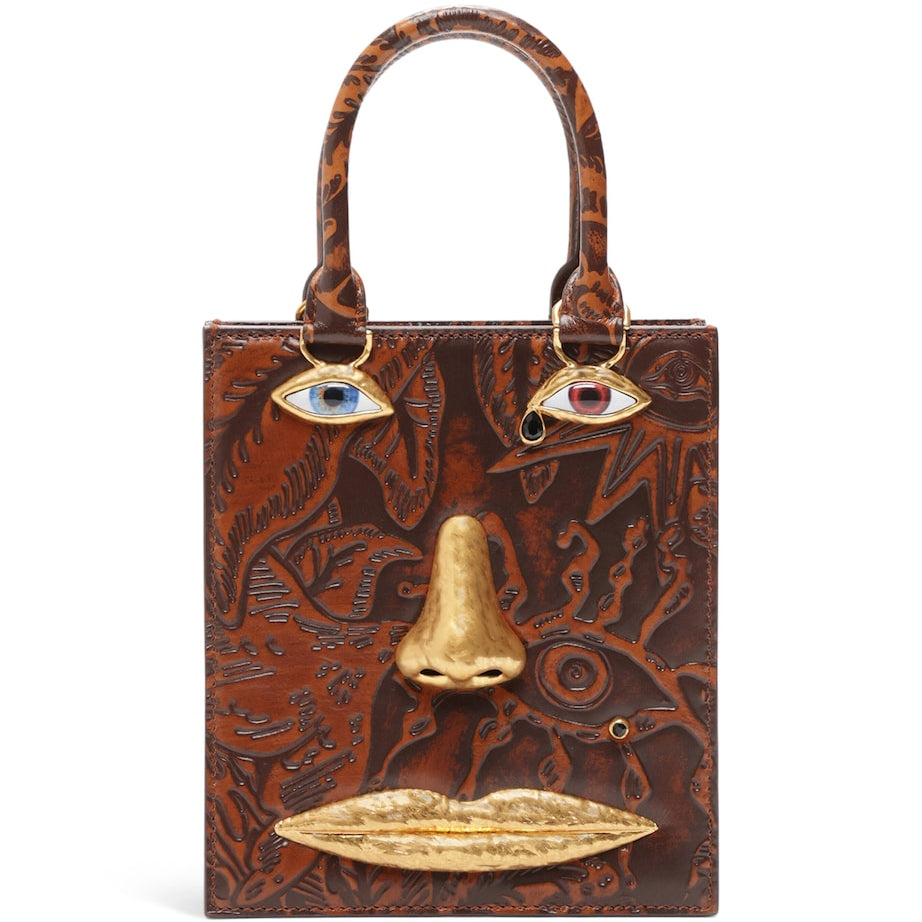 Mini Etched-Leather Face Top-Handle Bag
