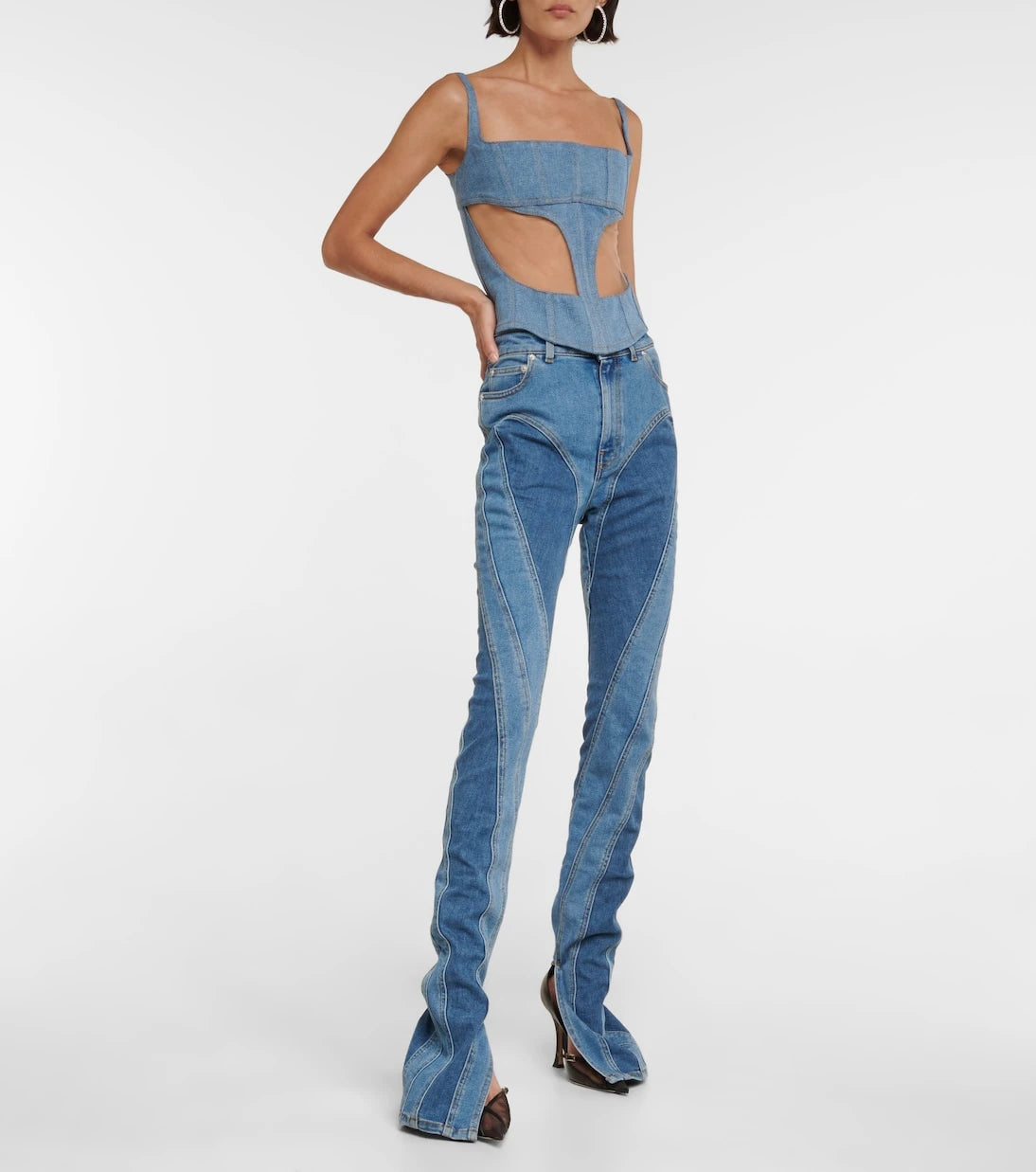 Mugler - Denim and mesh corset top