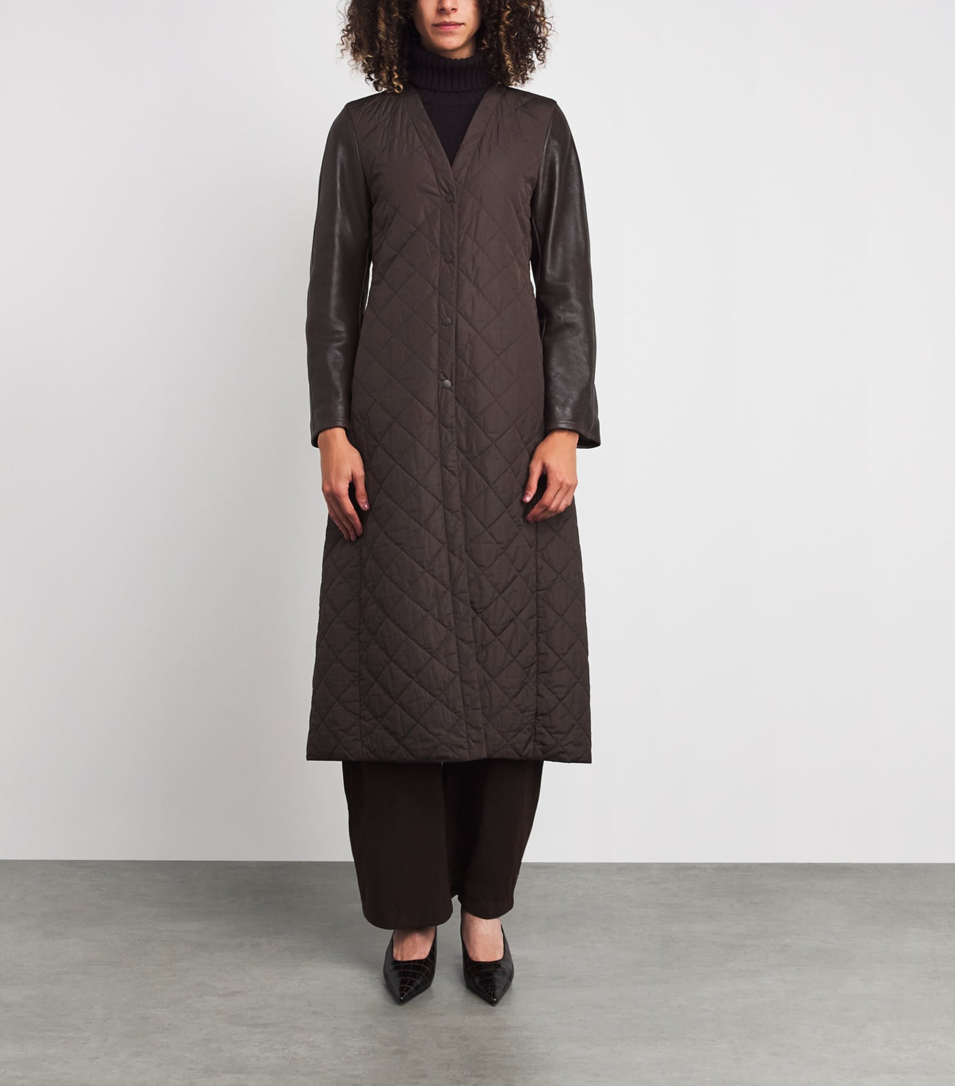 Max Mara Brown Leather-Sleeve Quilted Coat