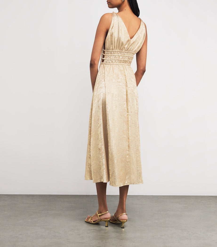 Gold Lamé Shirred Midi Dress