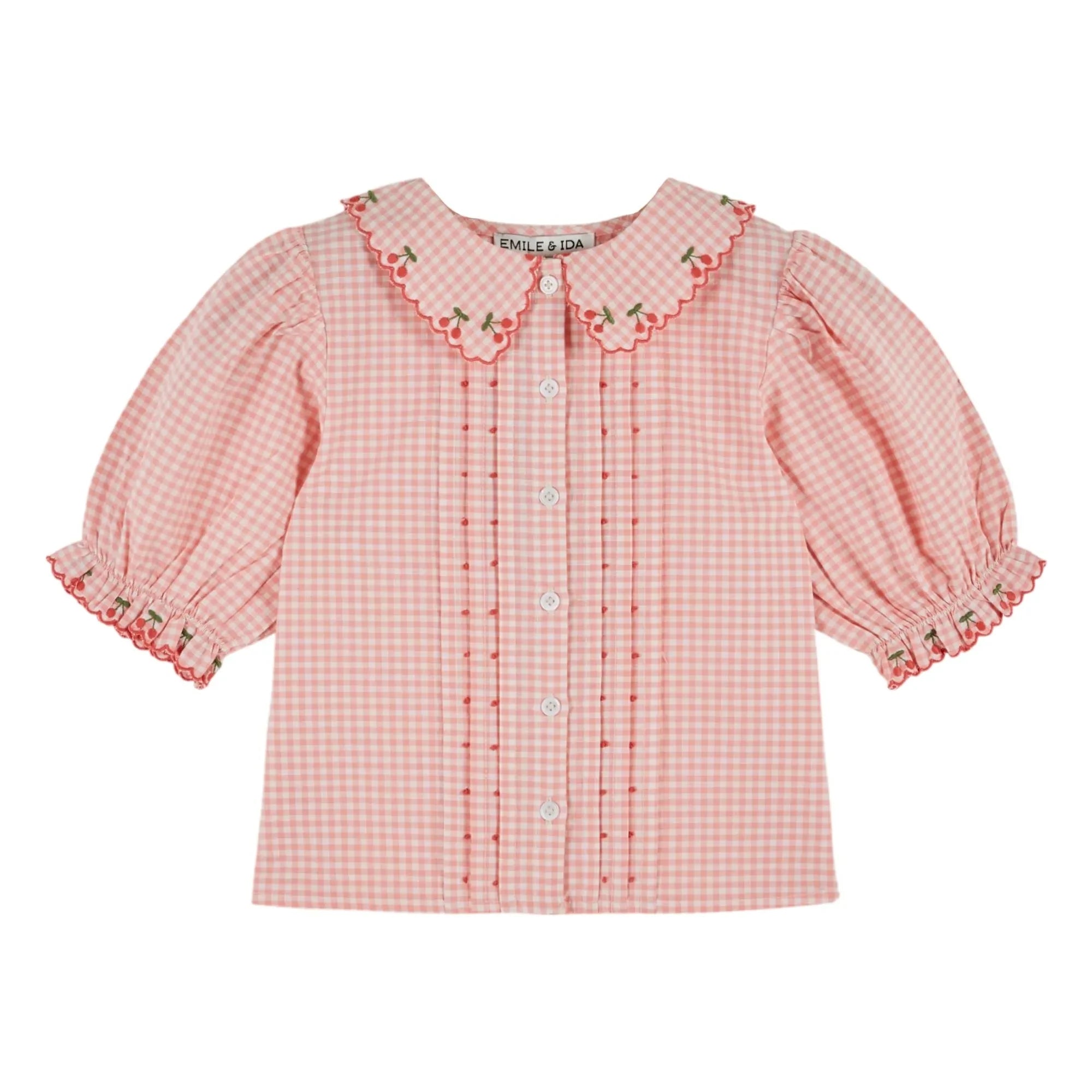 Emile et Ida - Gingham Embroidered Blouse Organic Cotton | Pink