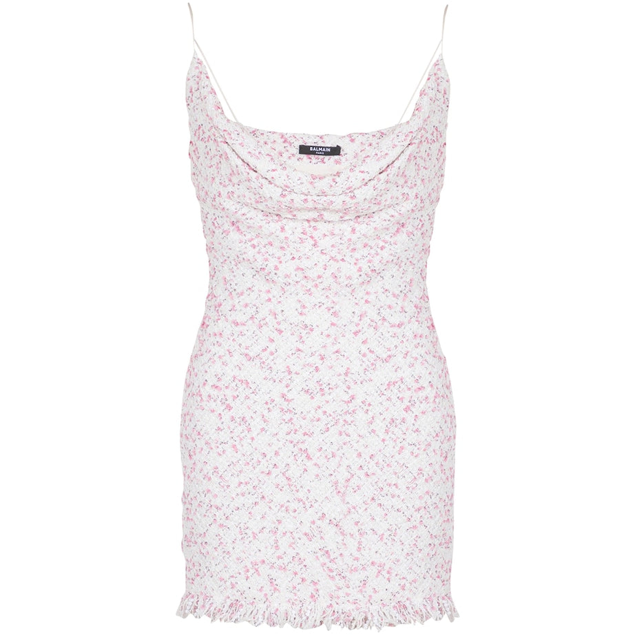 Pink Tweed Cowl-Neck Mini Dress