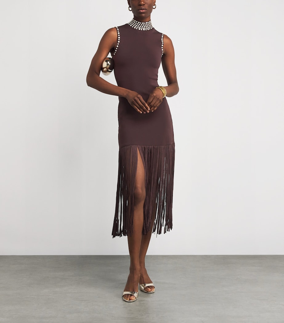 Embellished Fringe Midi Dress BROWN