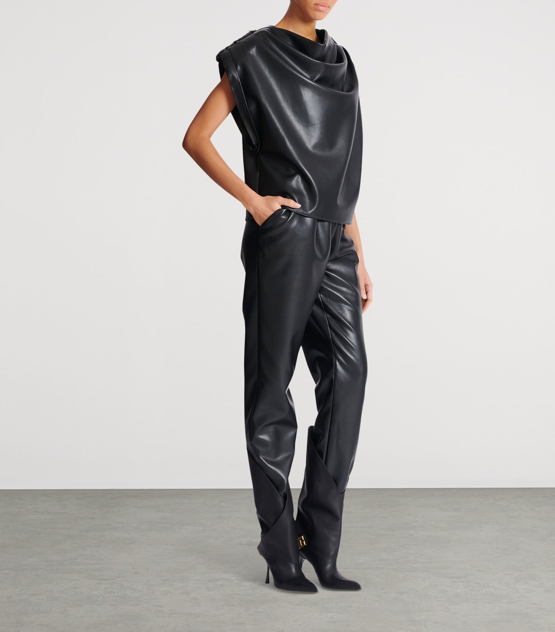 Balmain Black Faux Leather Draped Top