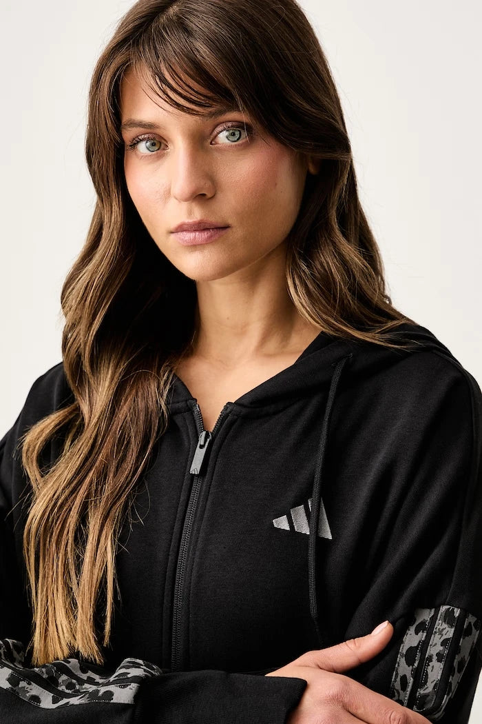 adidas kapüşonlu, fermuarlı kadın pamuklu sweatshirt Leopard Pack