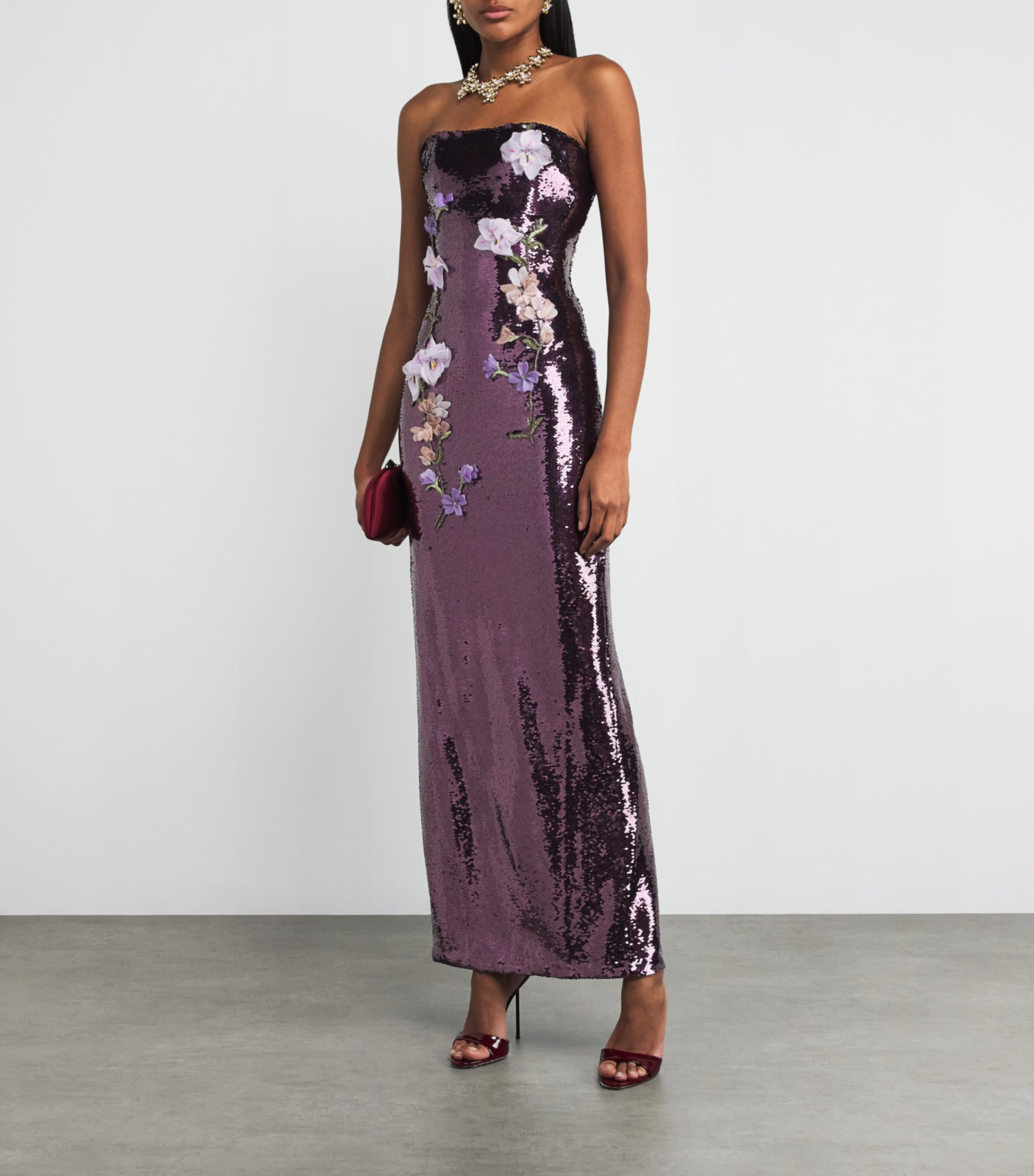 Black Sequin Floral Column Gown