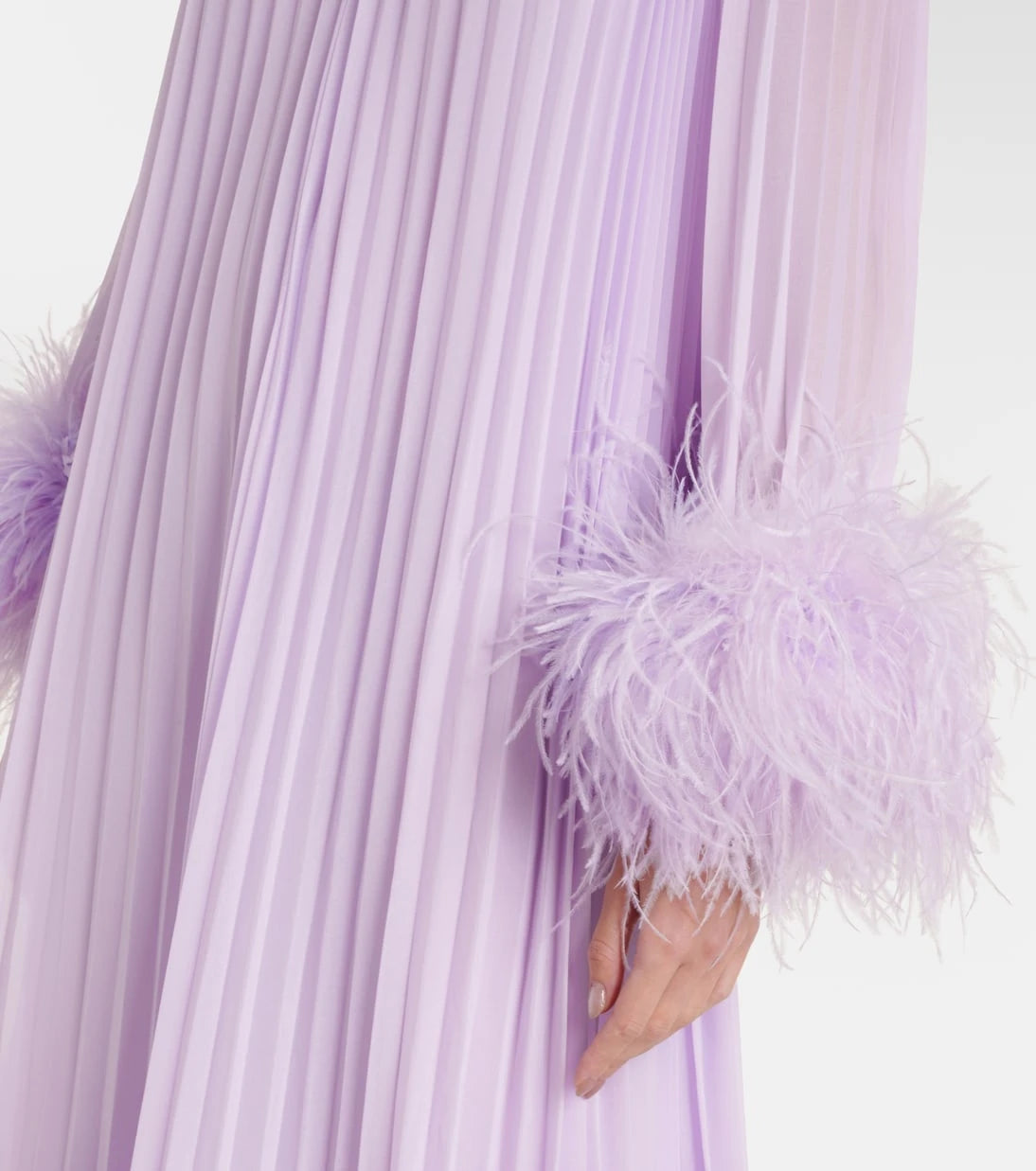 Self-Portrait - Feather-trimmed plissé chiffon maxi dress