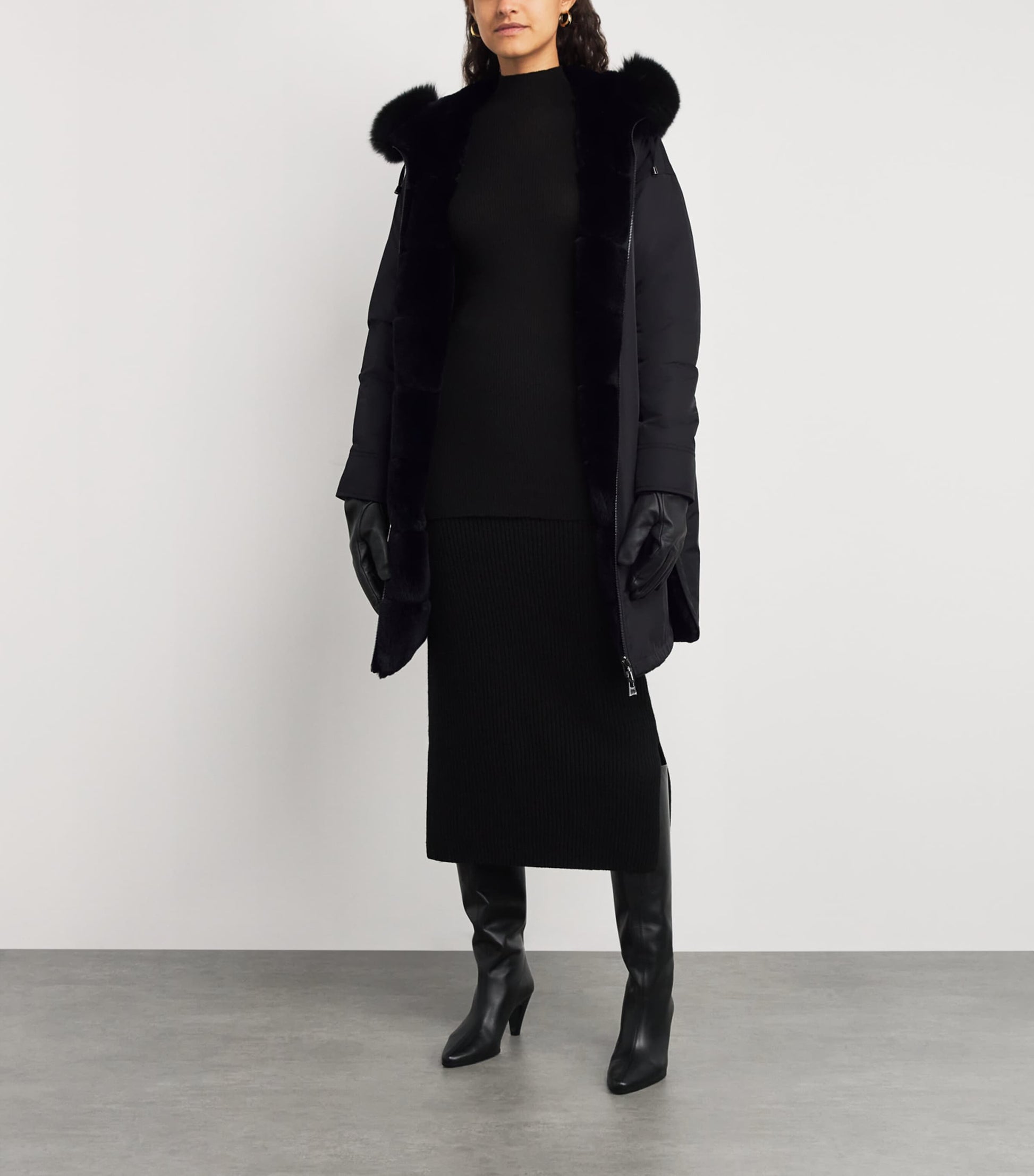 Yves Salomon Black Fox-Rabbit Fur-Trim Parka