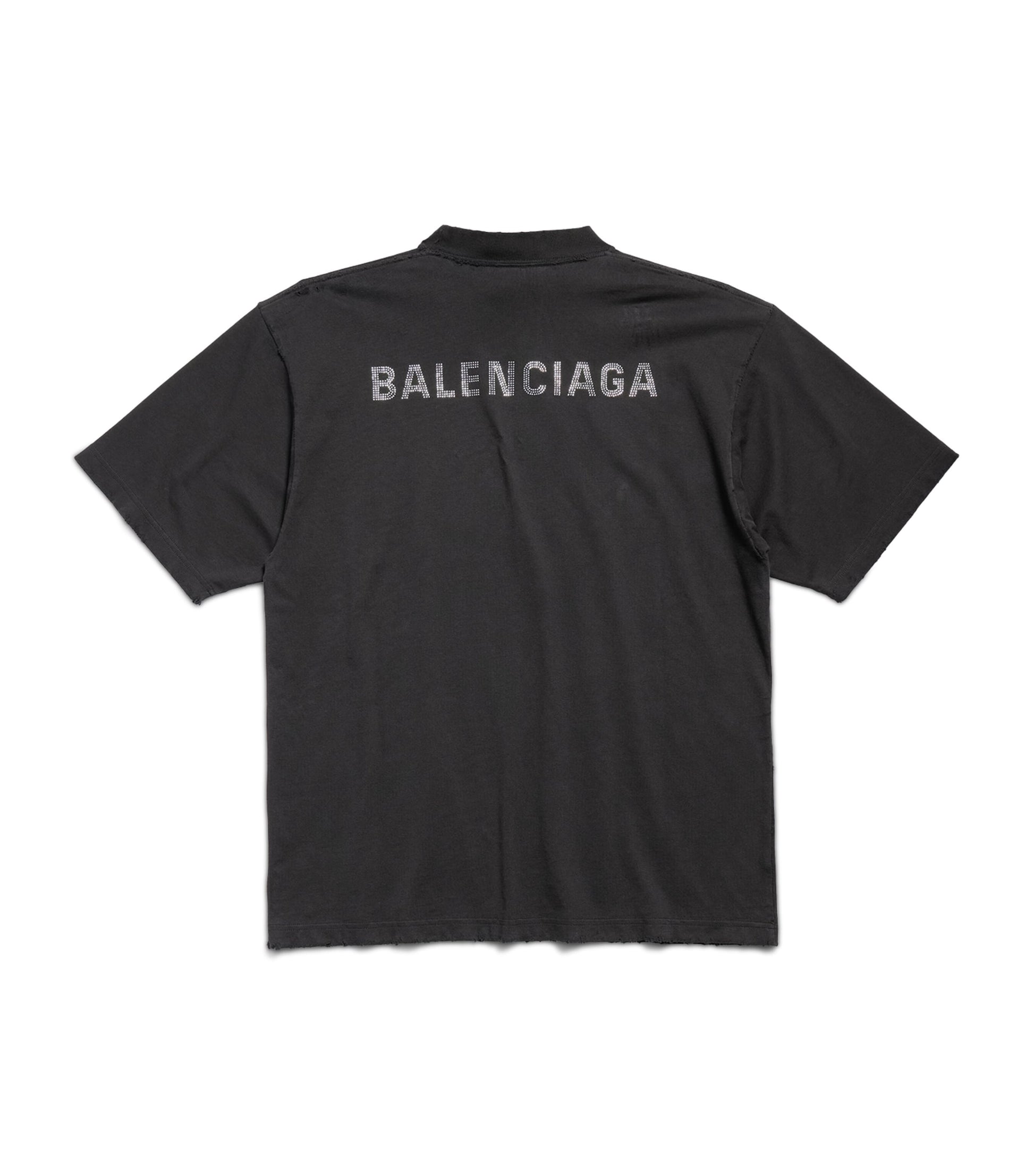 Balenciaga Black Distressed Rhinestone-Logo T-Shirt
