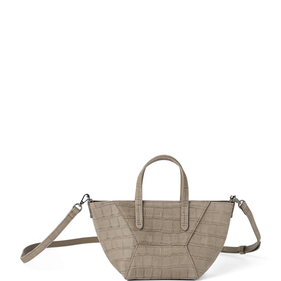 Brunello Cucinelli Brown Croc-Embossed Leather Duo Mini Bag