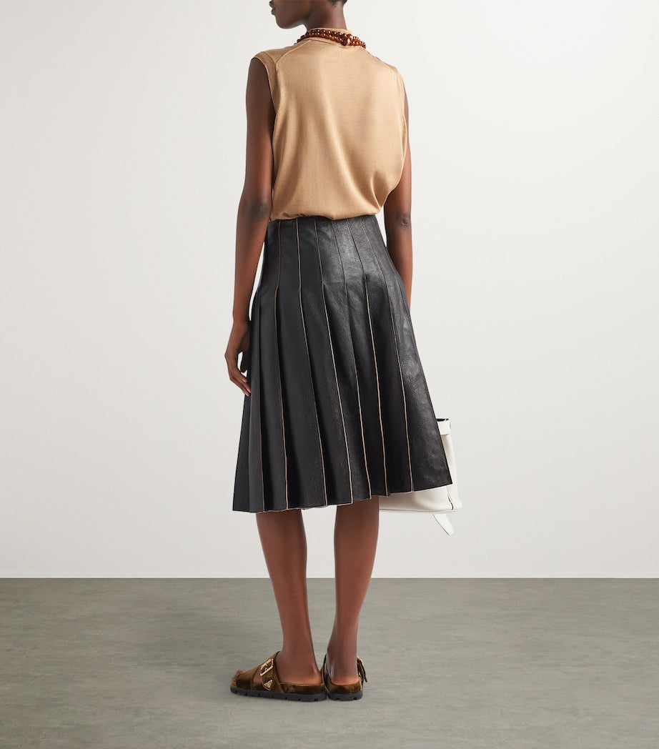 Prada Black Leather Pleated Midi Skirt