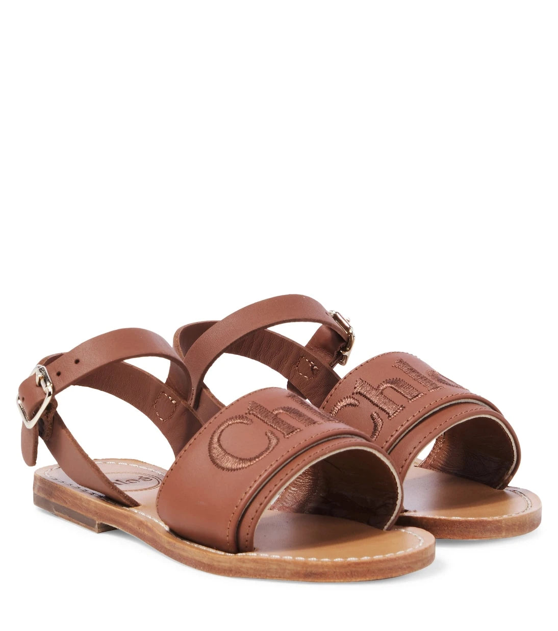 Chloé Kids - صنادل جلدية مطرزة بالشعار
