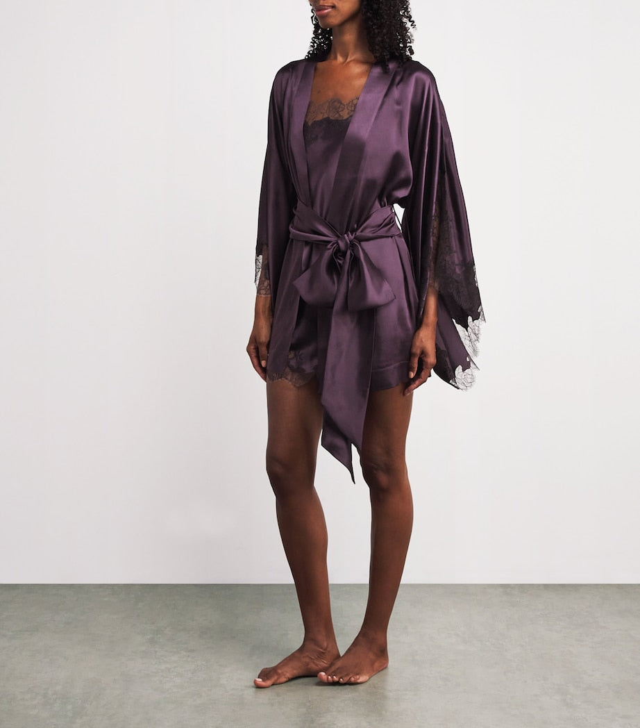 Carine Gilson Purple Silk Lace-Detail Short Robe