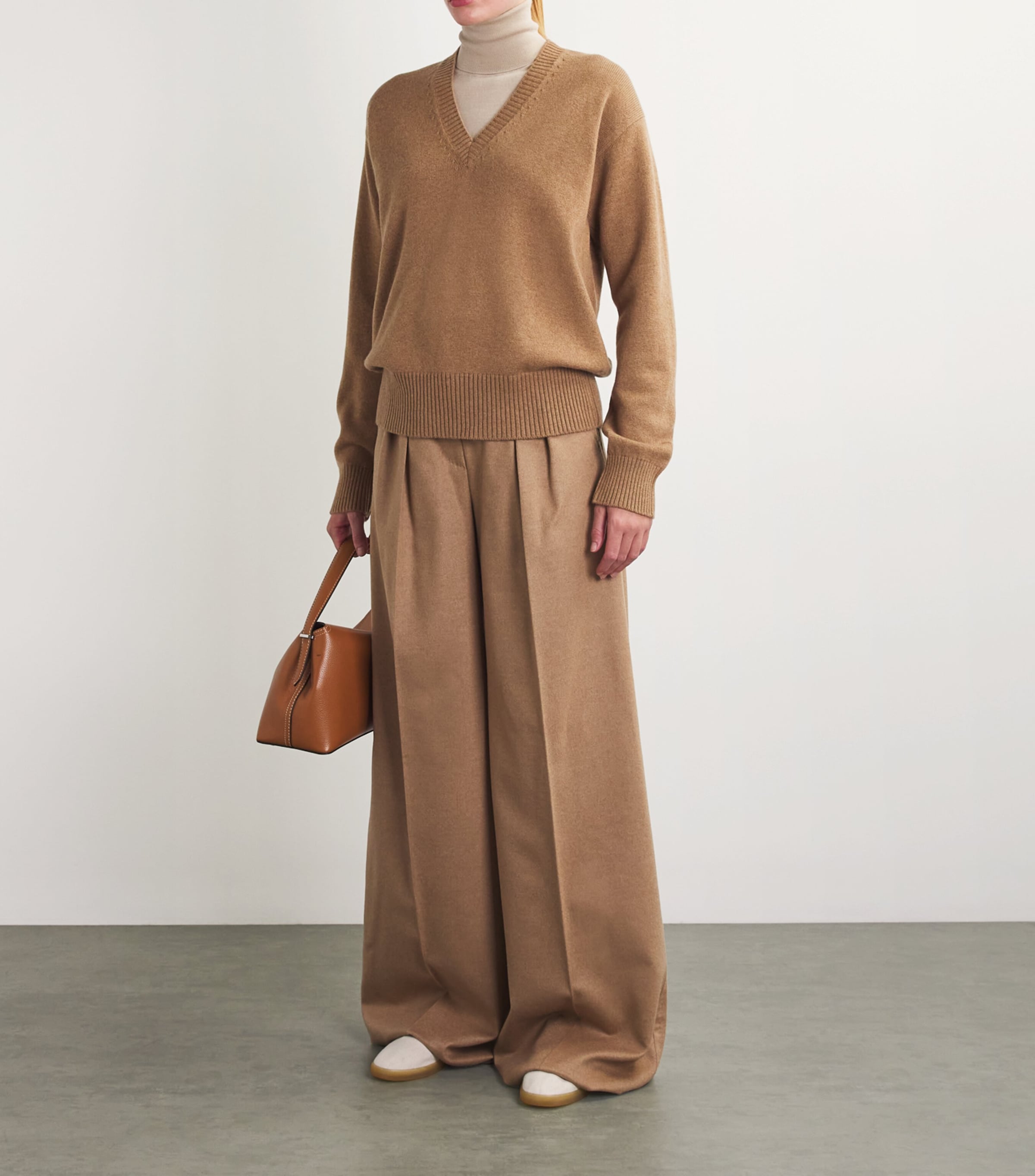 Beige Cashmere V-Neck Sweater