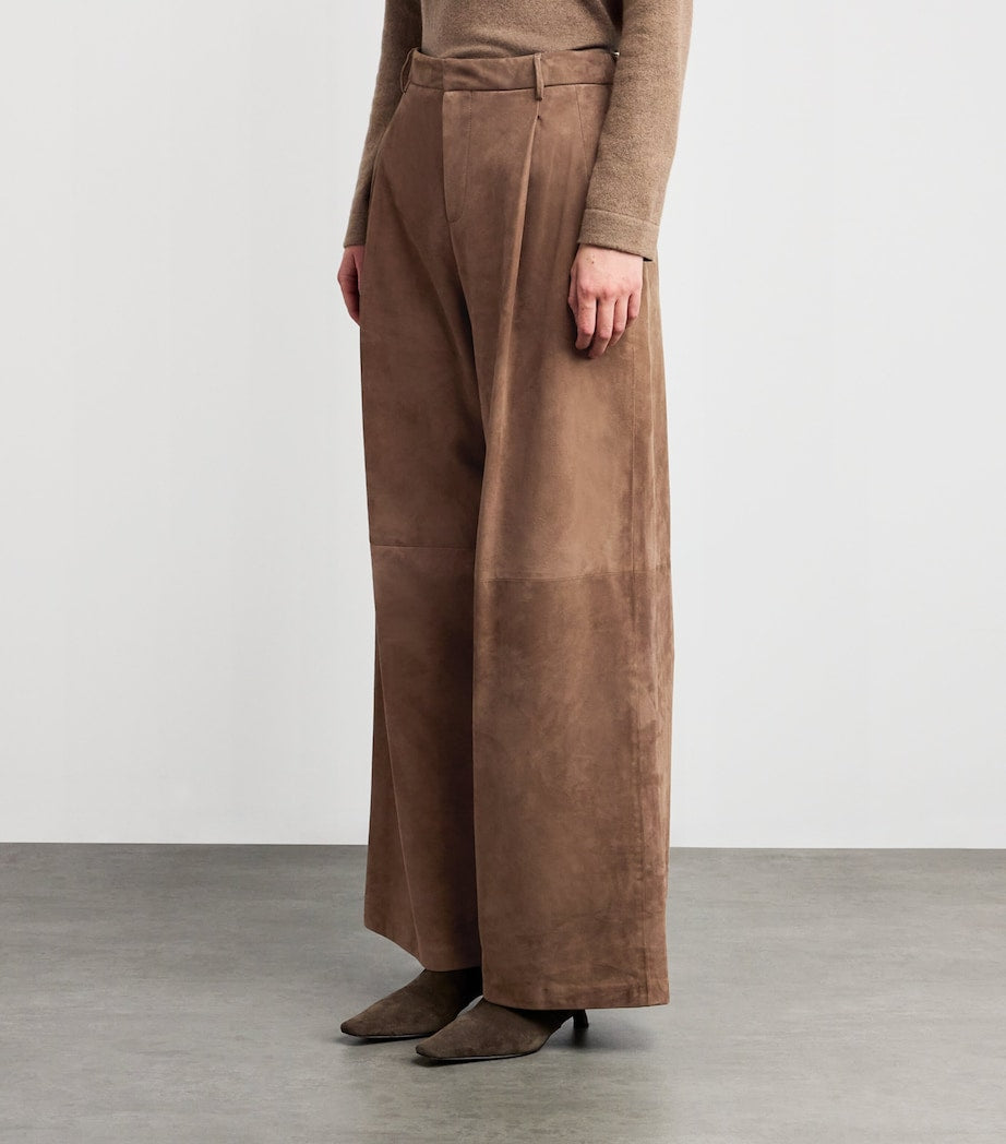 Brown Suede Lambskin Wide-Leg Trousers