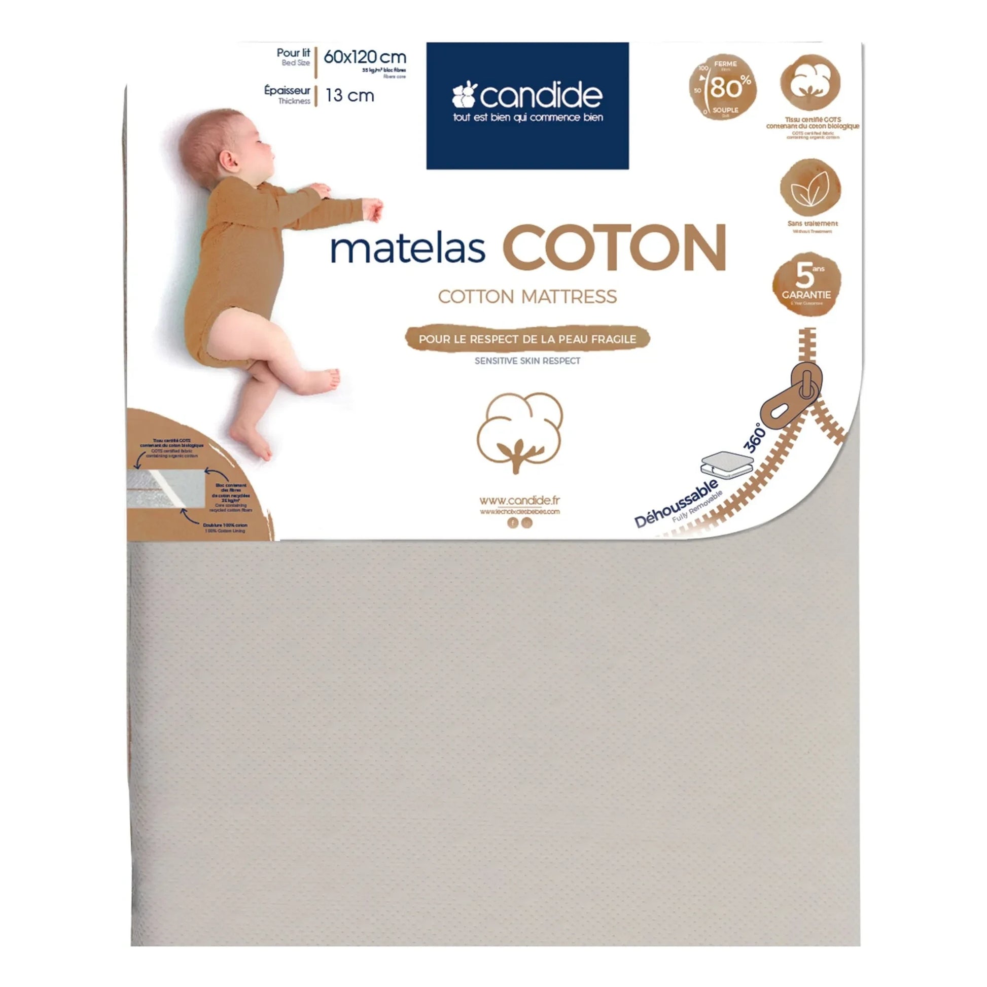 Candide - Organic cotton mattress with removable covers | White