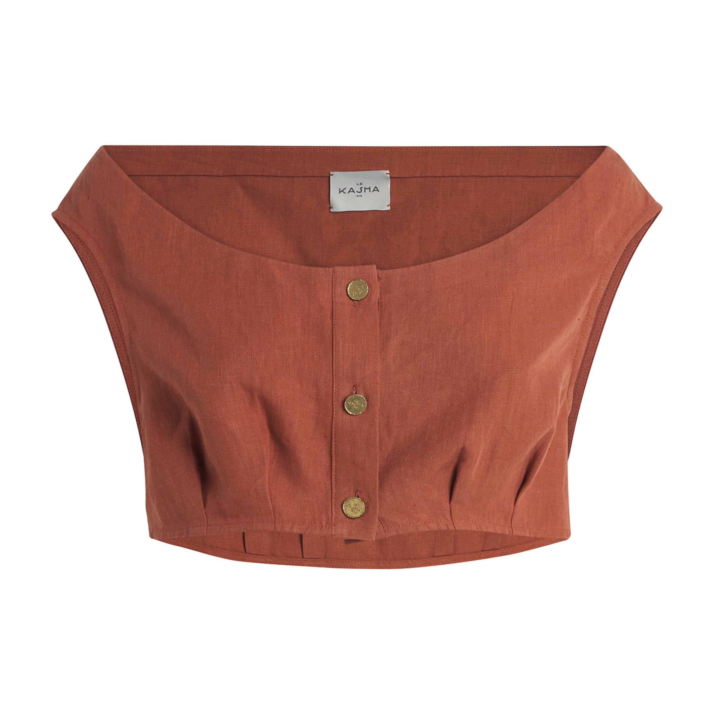 Le Kasha Red Linen Coin-Detail Tamra Crop Top