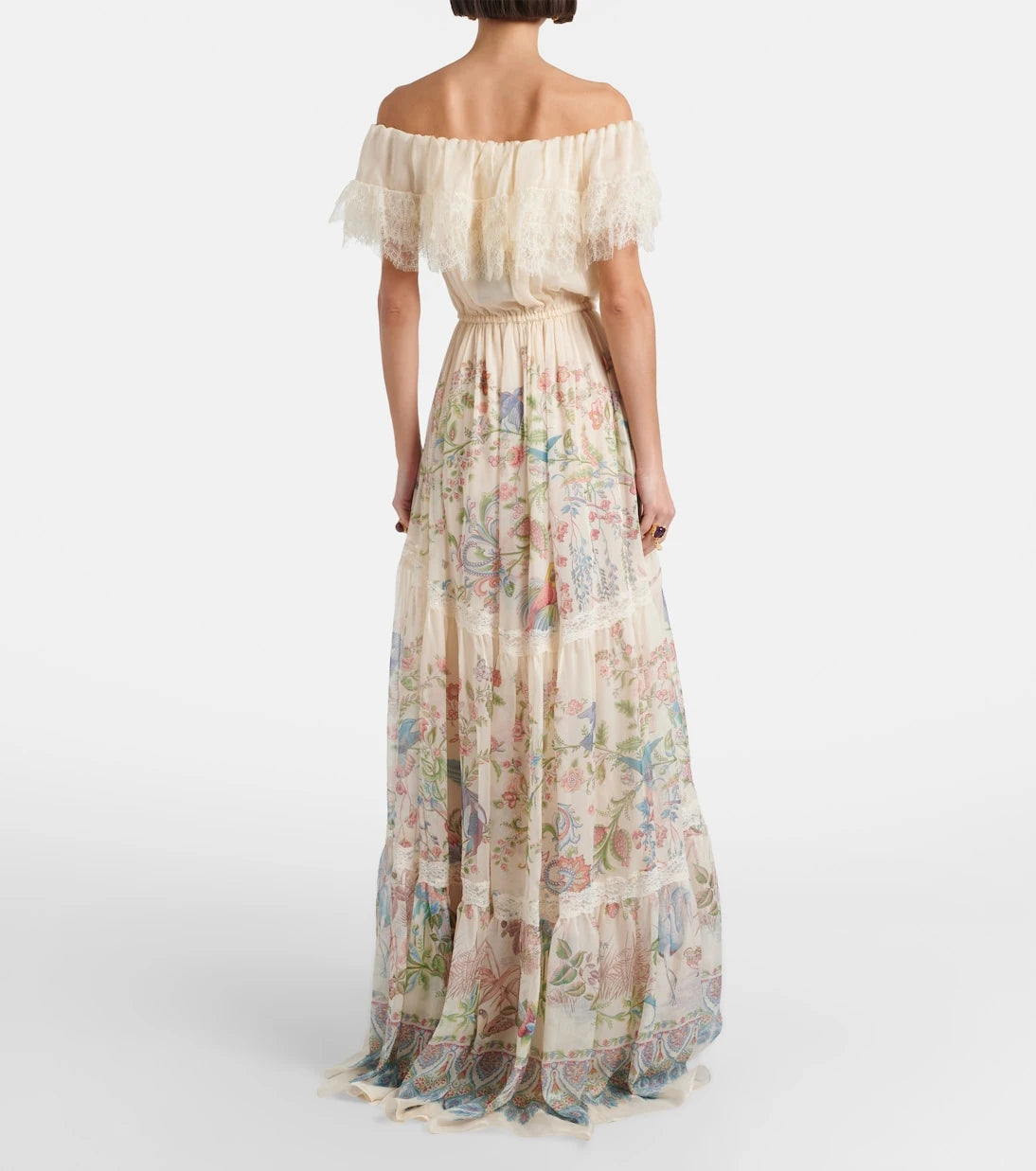Etro - Lace-trimmed printed off-shoulder silk maxi dress