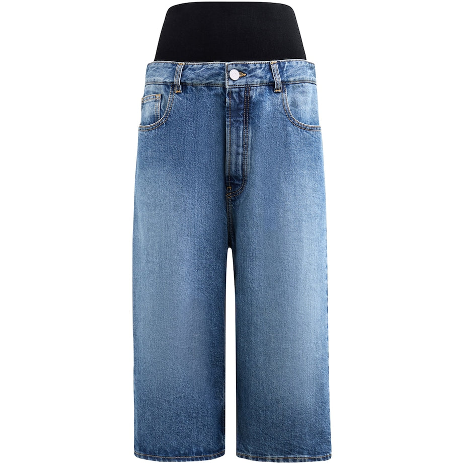 Blue Denim Knitted-Band Bermuda Shorts