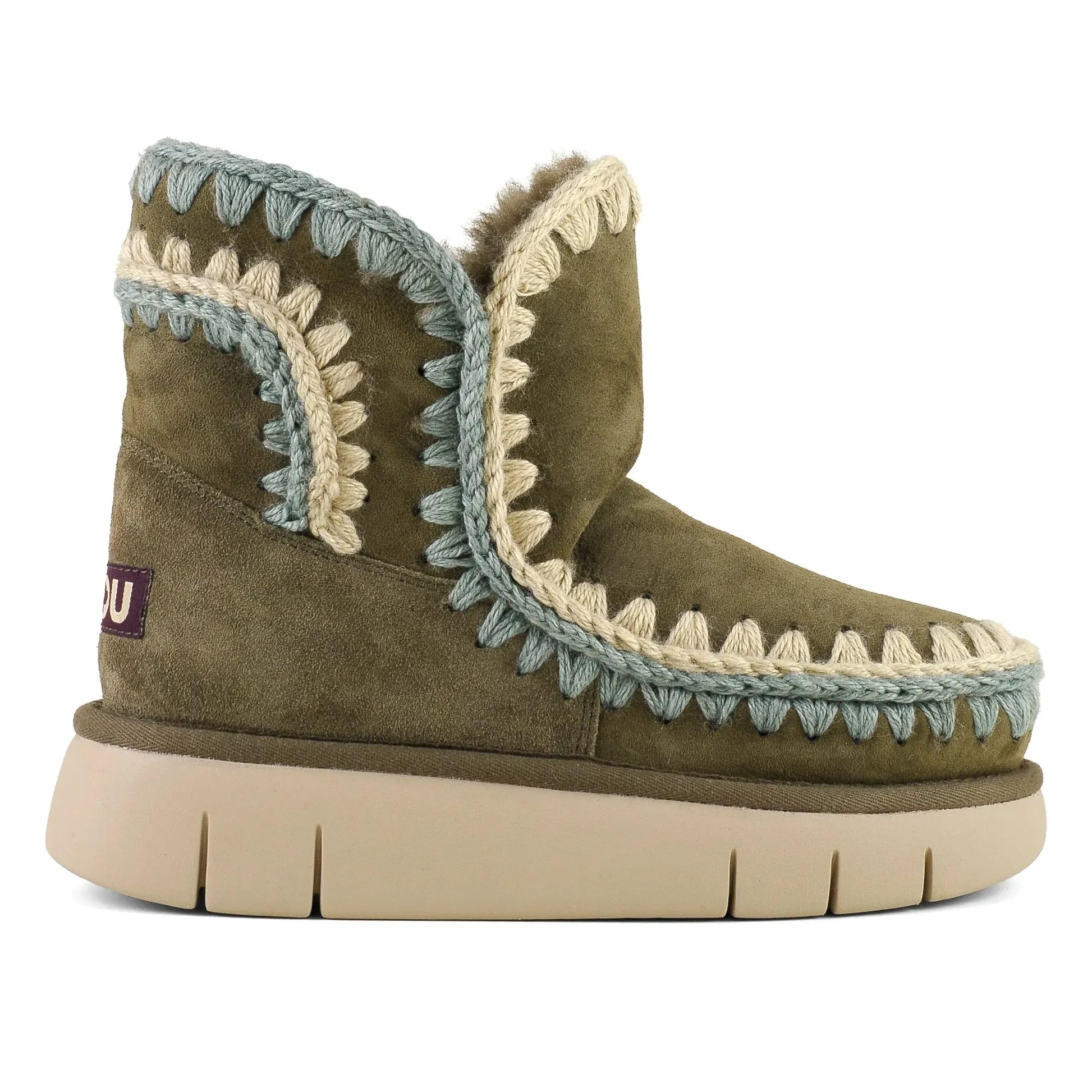 Mou - Bounce Suede Overstitched Boots | Khaki