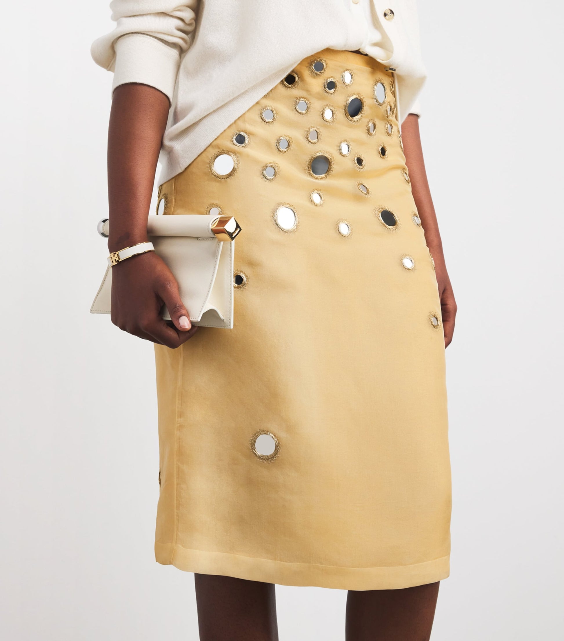 Beige Silk Mirror-Embellished Midi Skirt