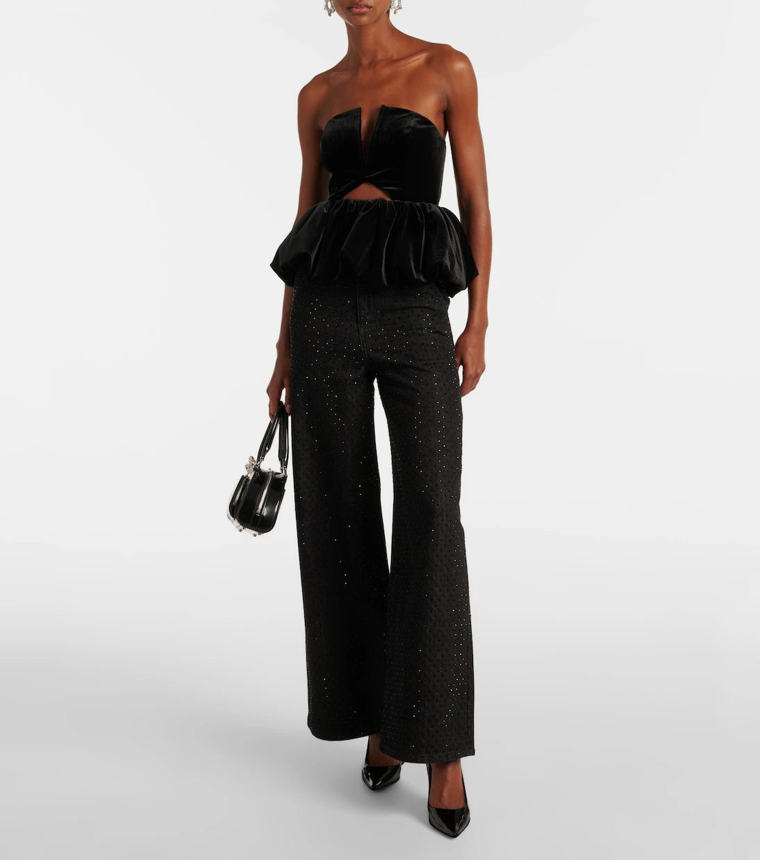 Self-Portrait - Cutout peplum velvet bandeau top