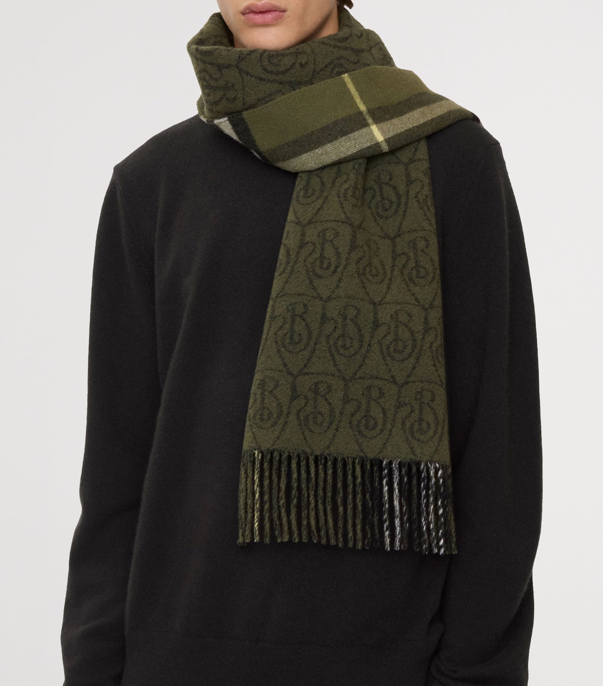 Green Cashmere Reversible B Shield Scarf