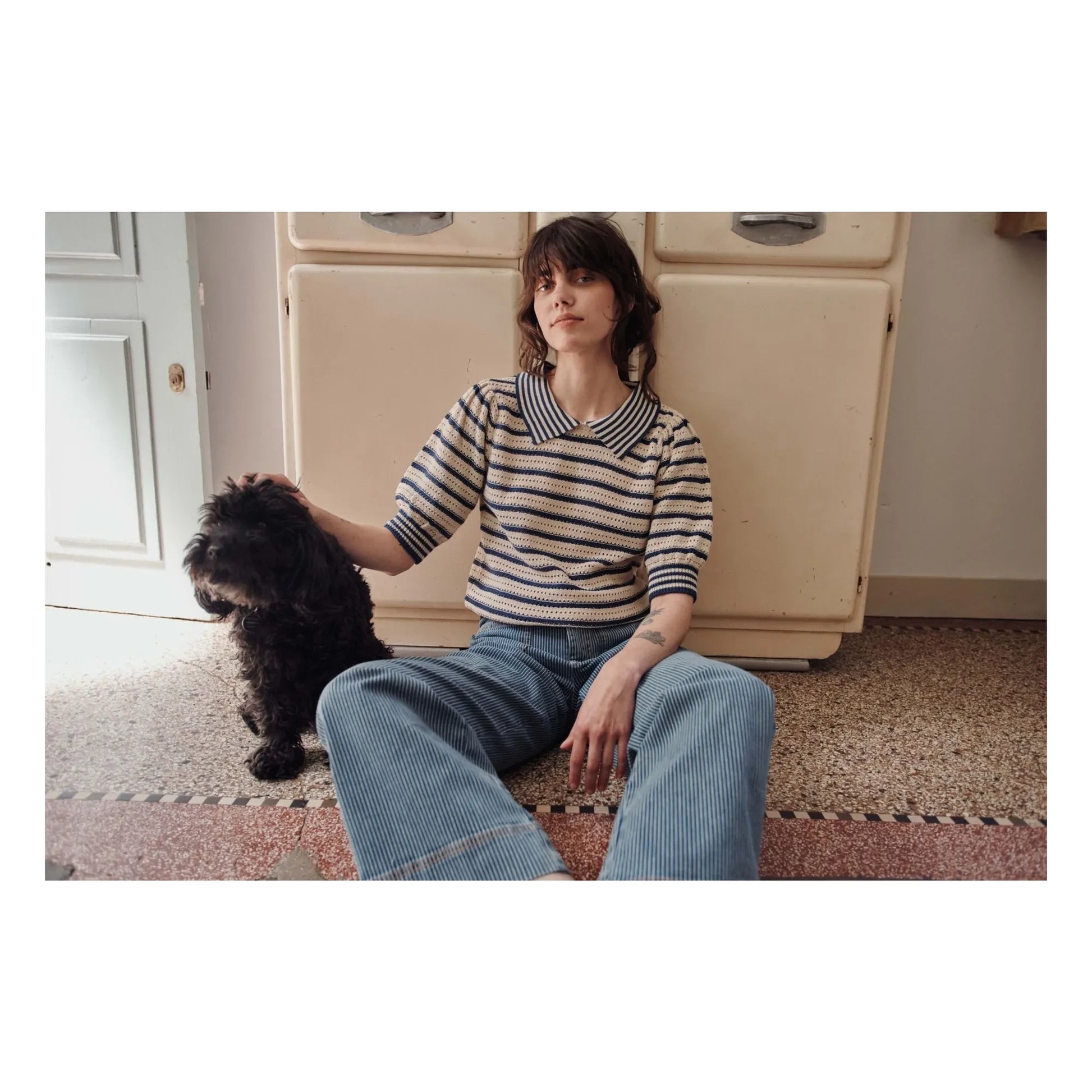 Emile et Ida - Organic cotton openwork stripes sweater | Navy blue