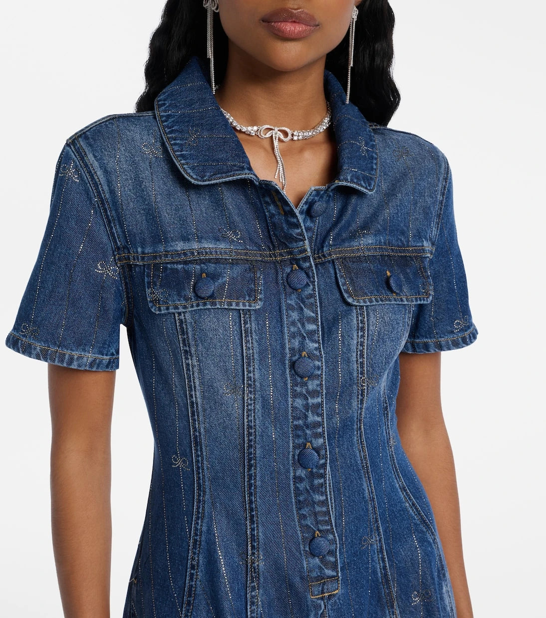 Self-Portrait - Embellished pleated denim minidress