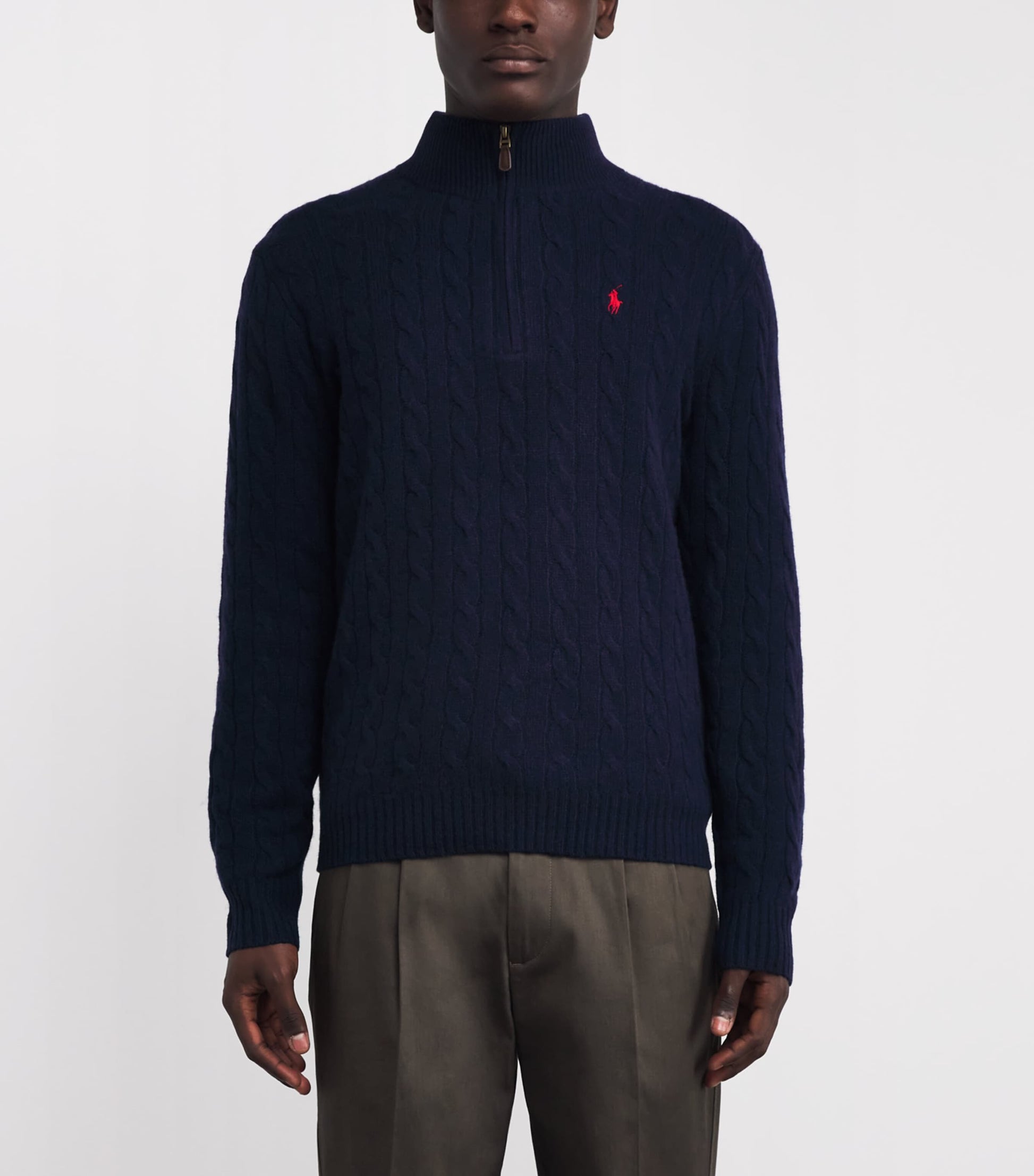 Polo Ralph Lauren Blue Wool-Cashmere Cable-Knit Quarter-Zip Sweater