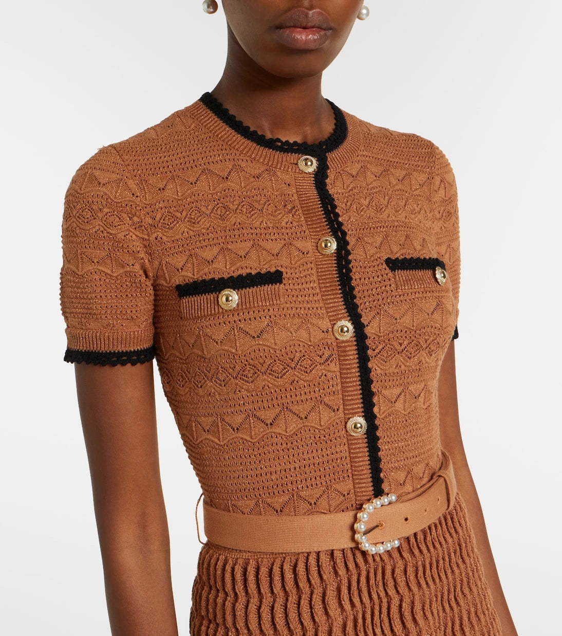 Self-Portrait - Belted pointelle cotton-blend midi dress