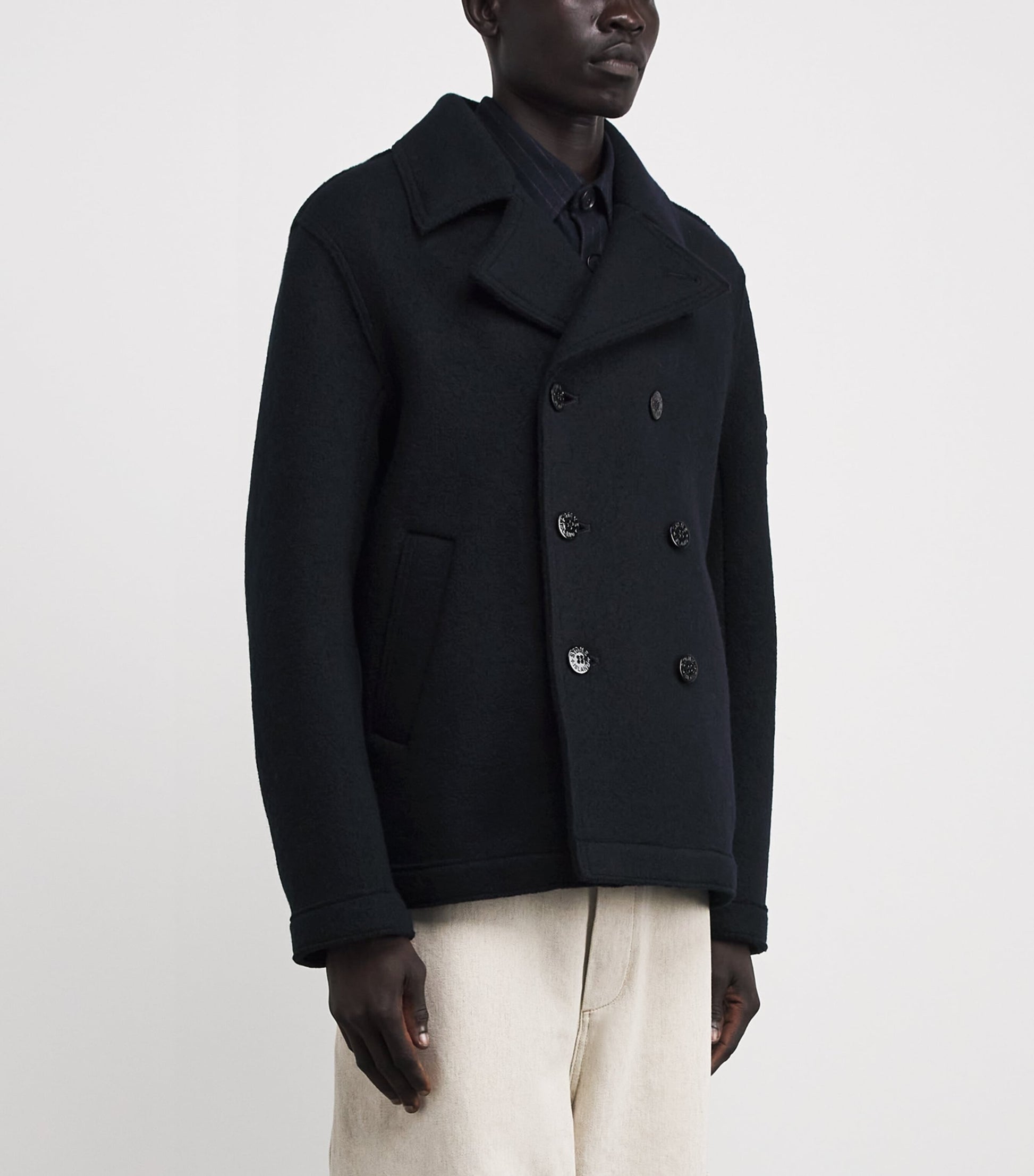 Stone Island Navy Wool Felted Compass Pea Coat