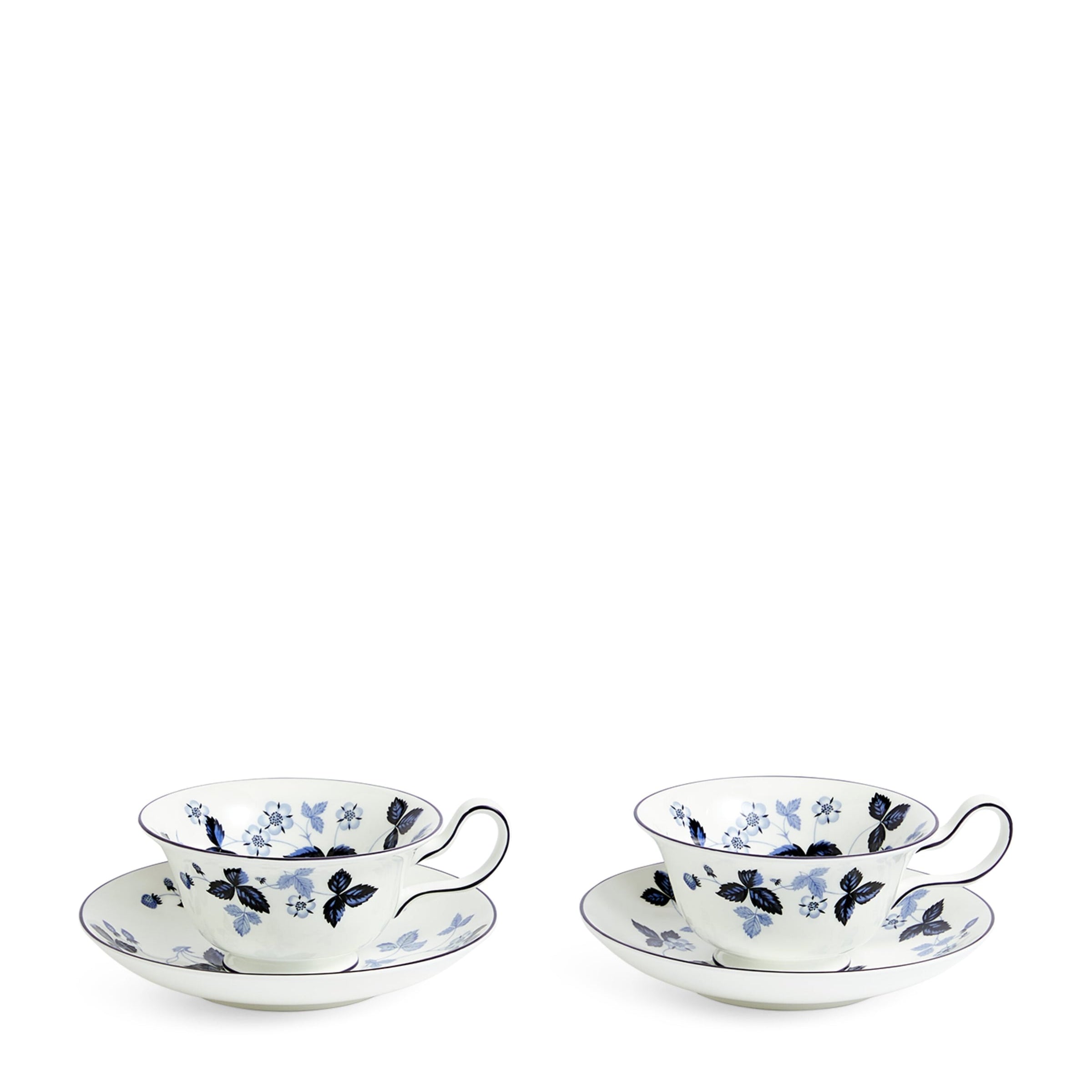 Set of 2 Wild Strawberry Inky Blue Teacups and Saucers