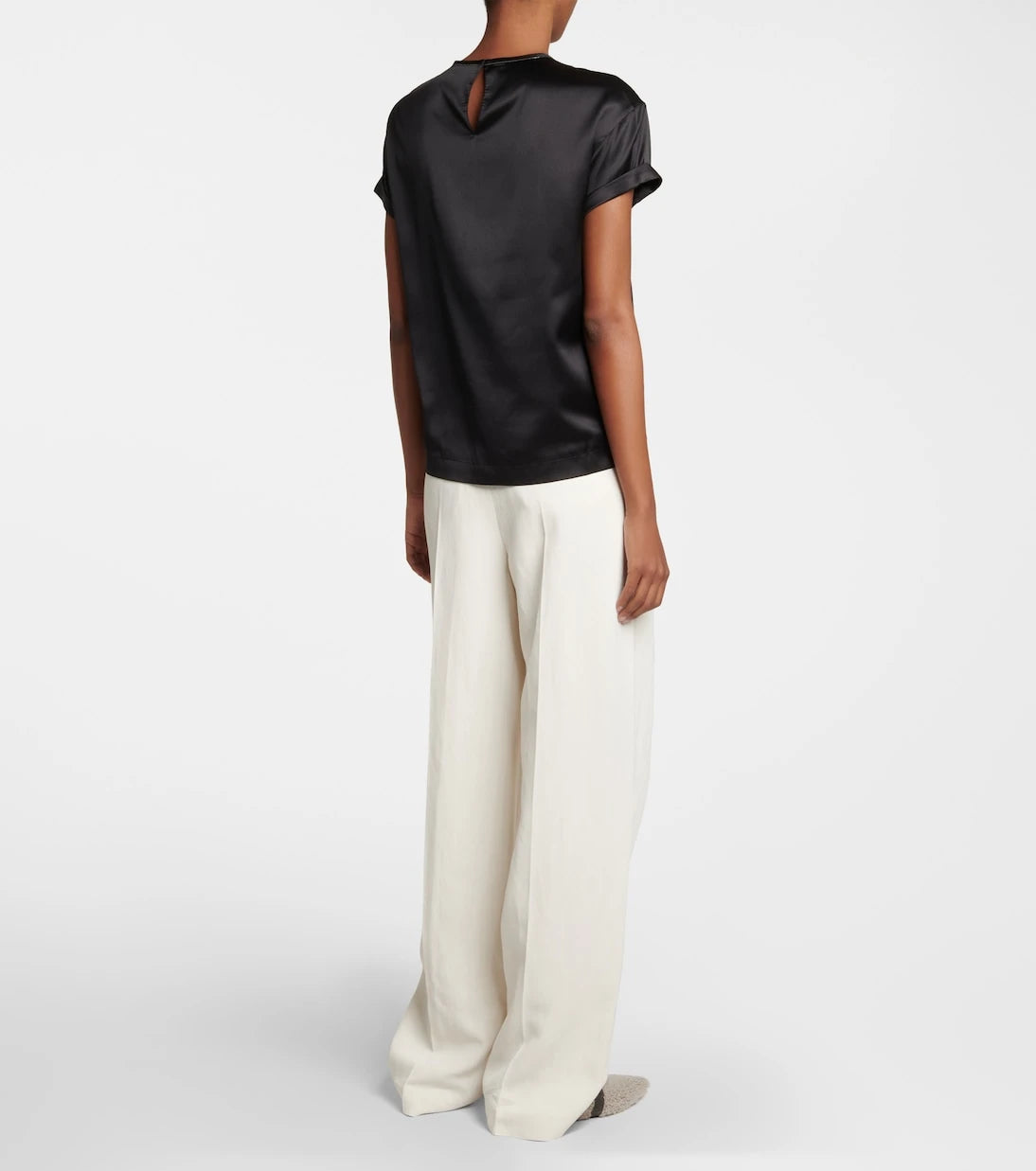 Brunello Cucinelli - Embellished silk-blend satin T-shirt