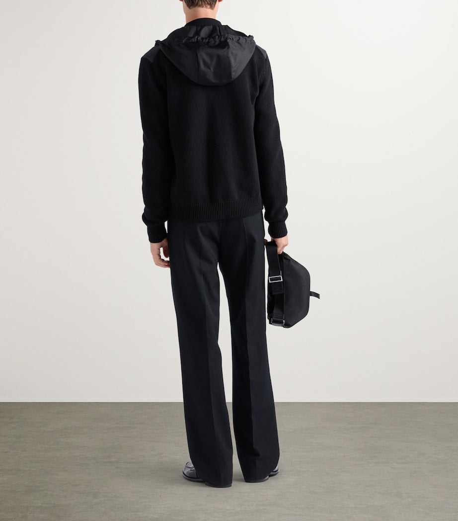 Prada Black Wool-Cashmere-Sleeve Zip-Up Hoodie