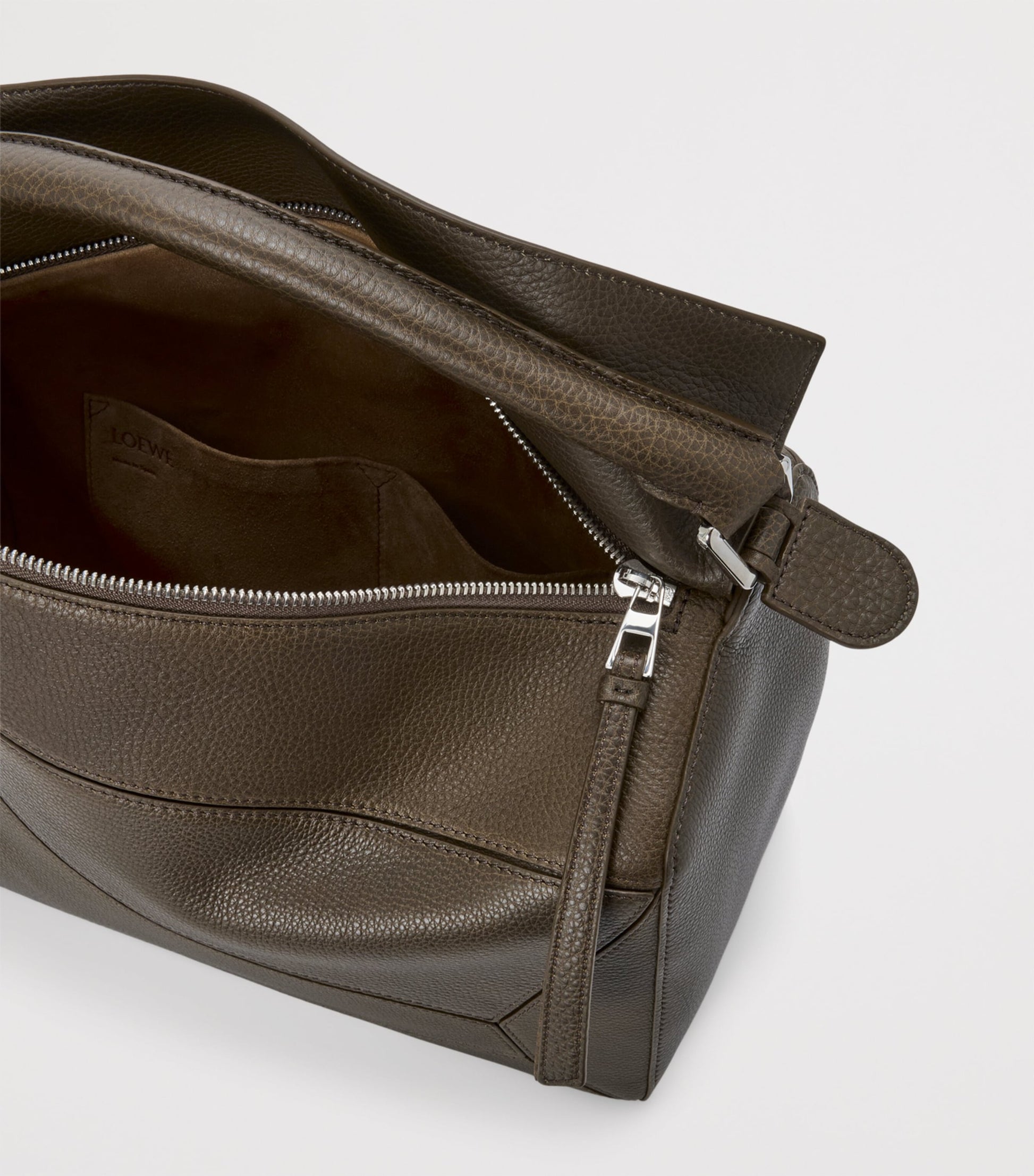 Grey Large Leather Puzzle Edge Top-Handle Bag