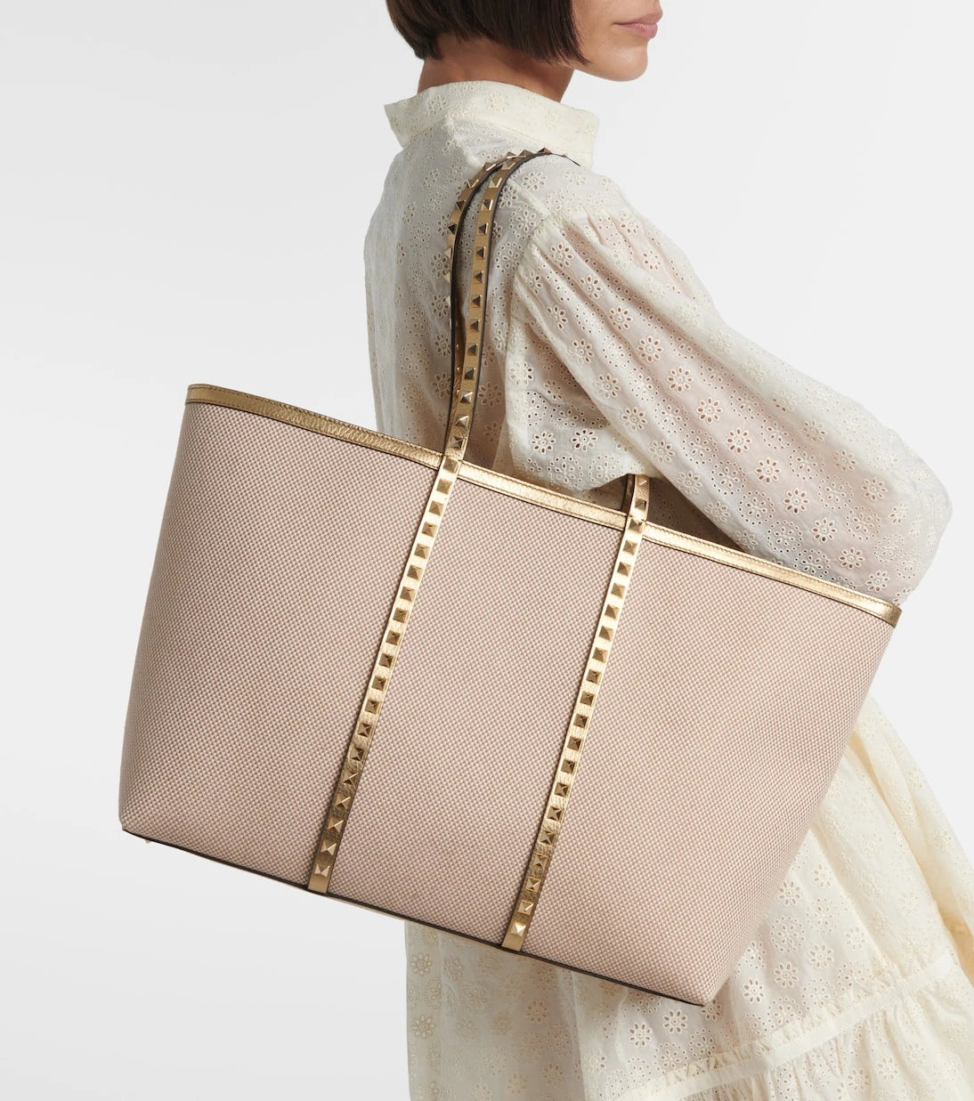 Valentino Garavani - Rockstud Large leather and canvas tote bag