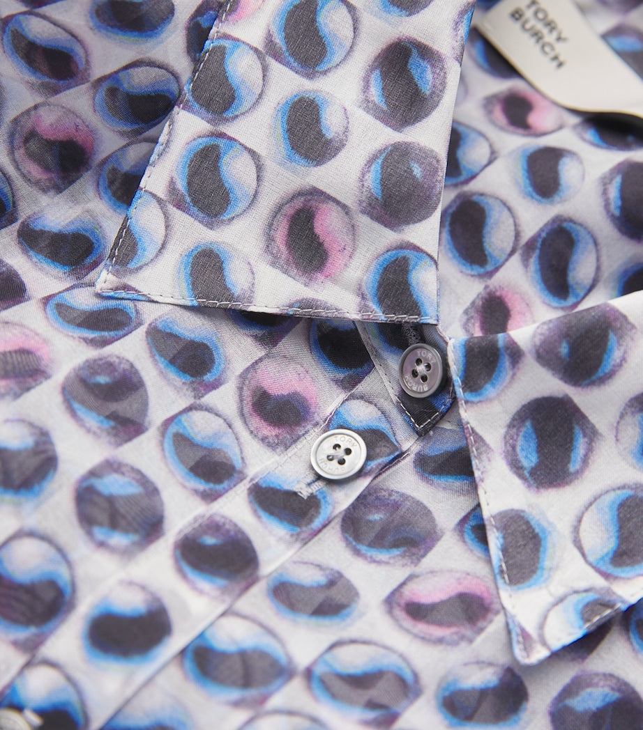 Tory Burch Blue Silk Organza Graphic Print Shirt Dress