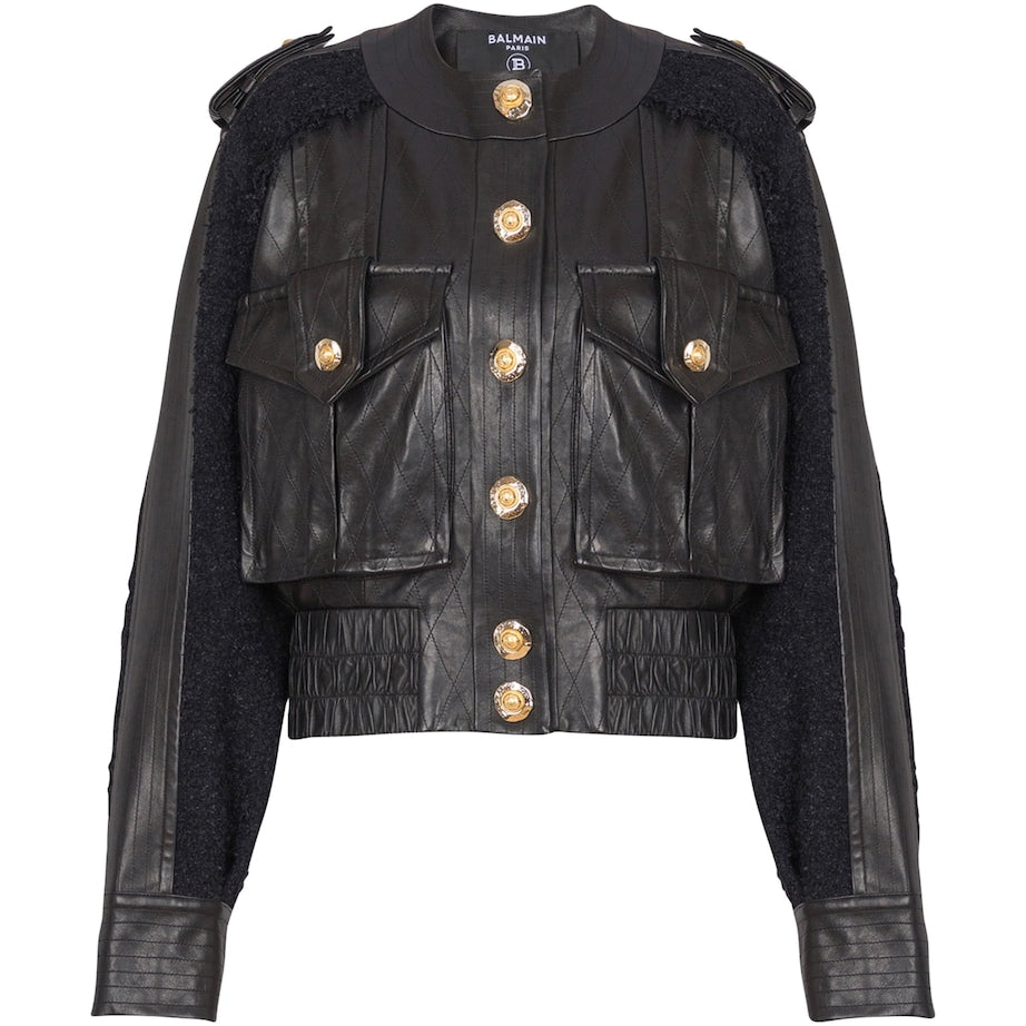 Black Tweed-Trim Leather Jacket