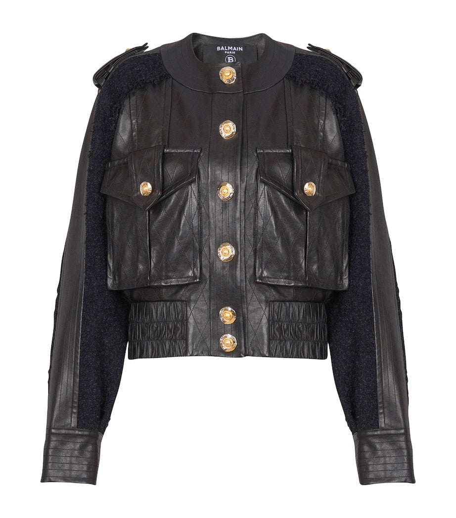 Black Tweed-Trim Leather Jacket