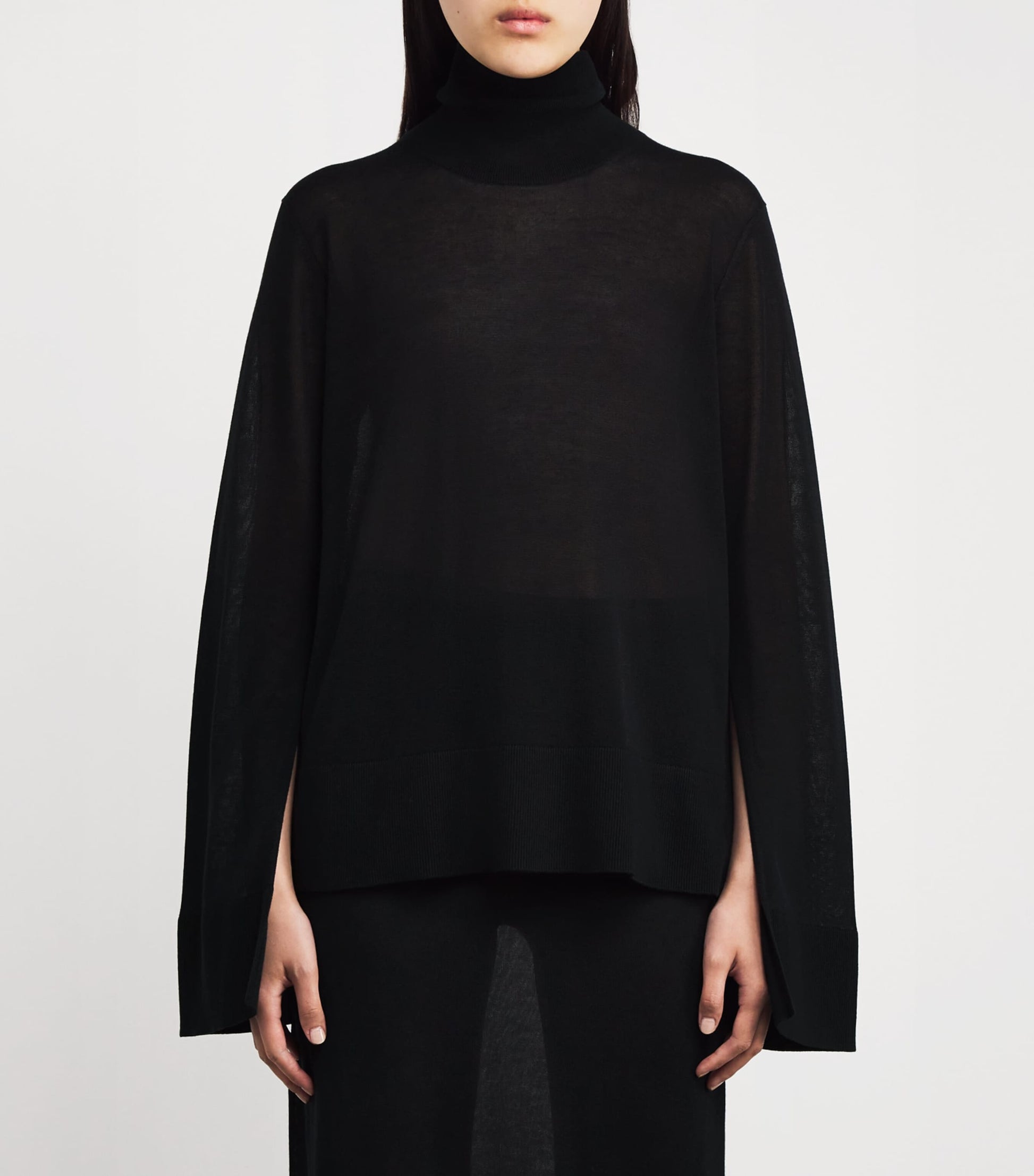 Toteme Black Semi-Sheer Split-Sleeve Rollneck Top